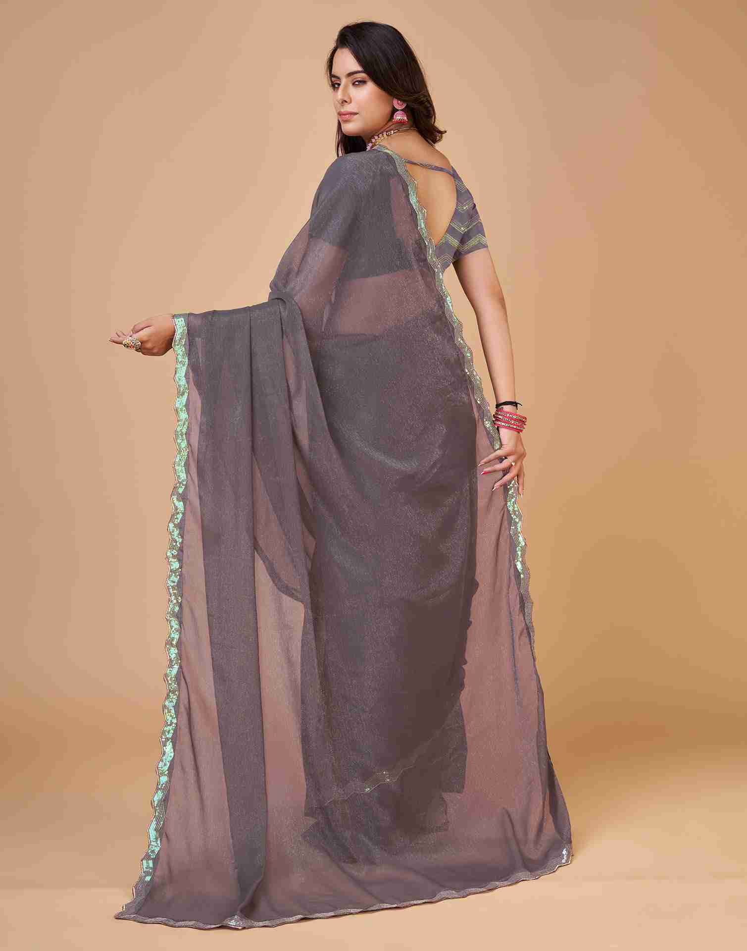 Grey Mauve Chiffon Sequience Plain Saree