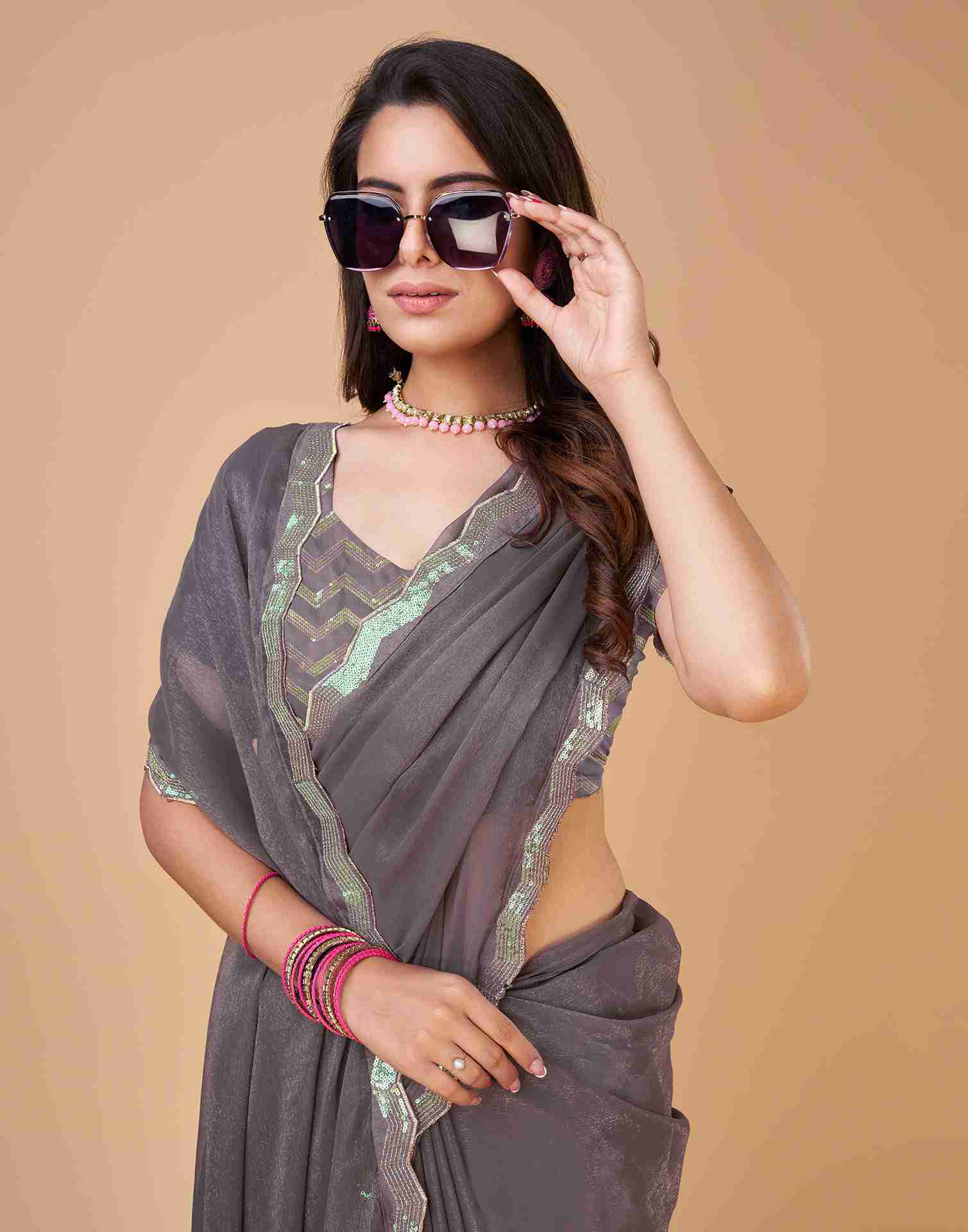 Grey Mauve Chiffon Sequience Plain Saree