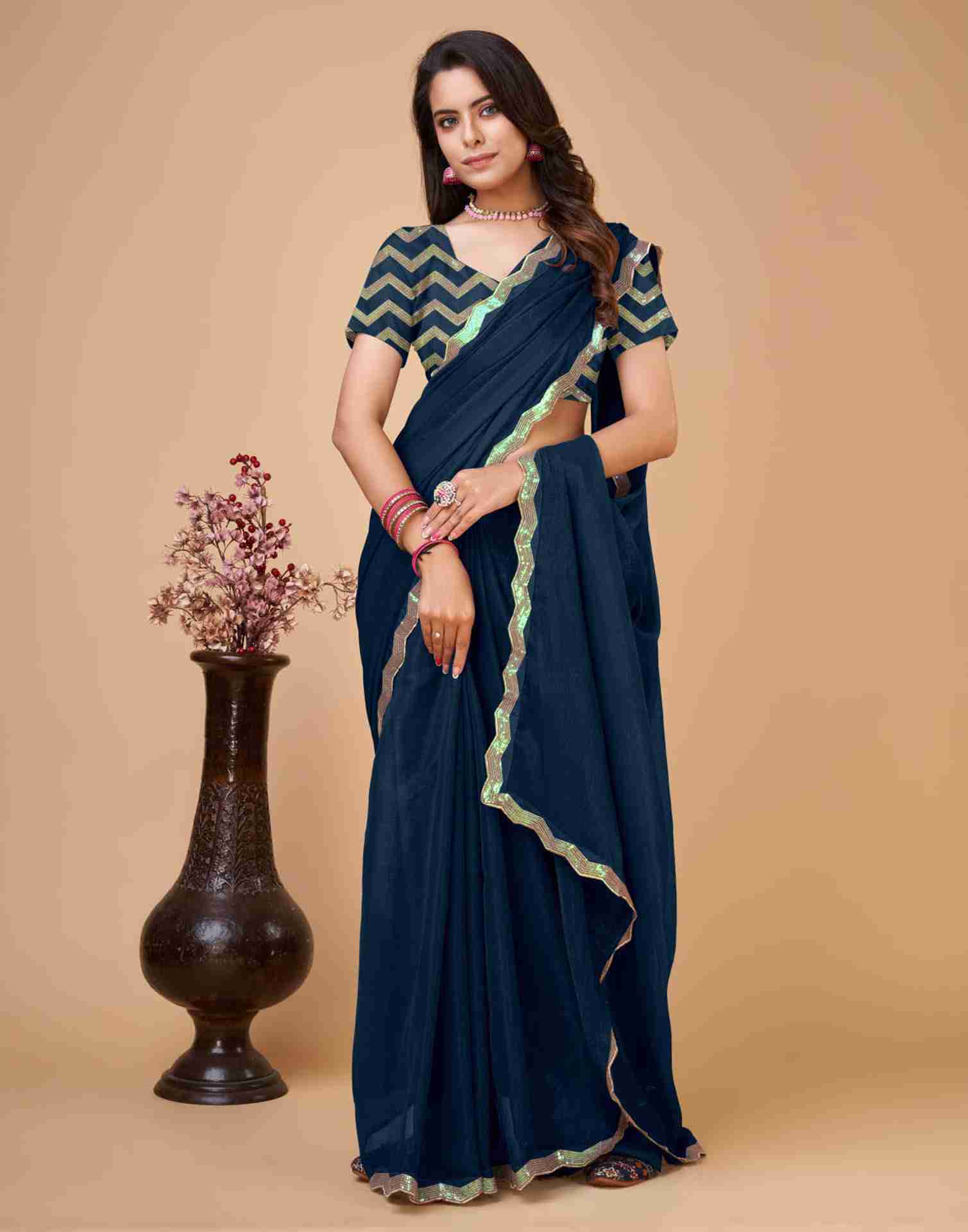 Dark Rama Blue Chiffon Sequience Plain Saree