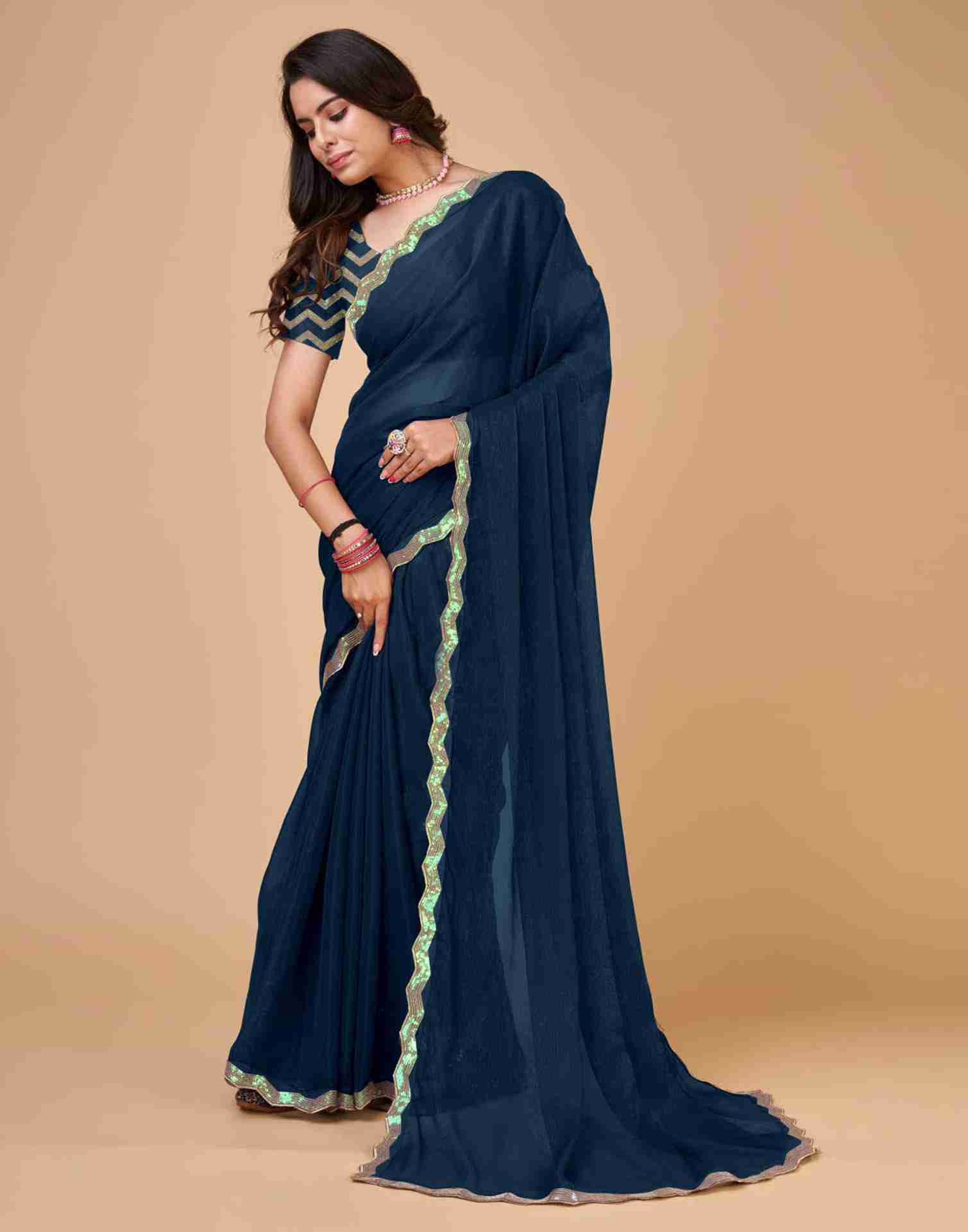 Dark Rama Blue Chiffon Sequience Plain Saree