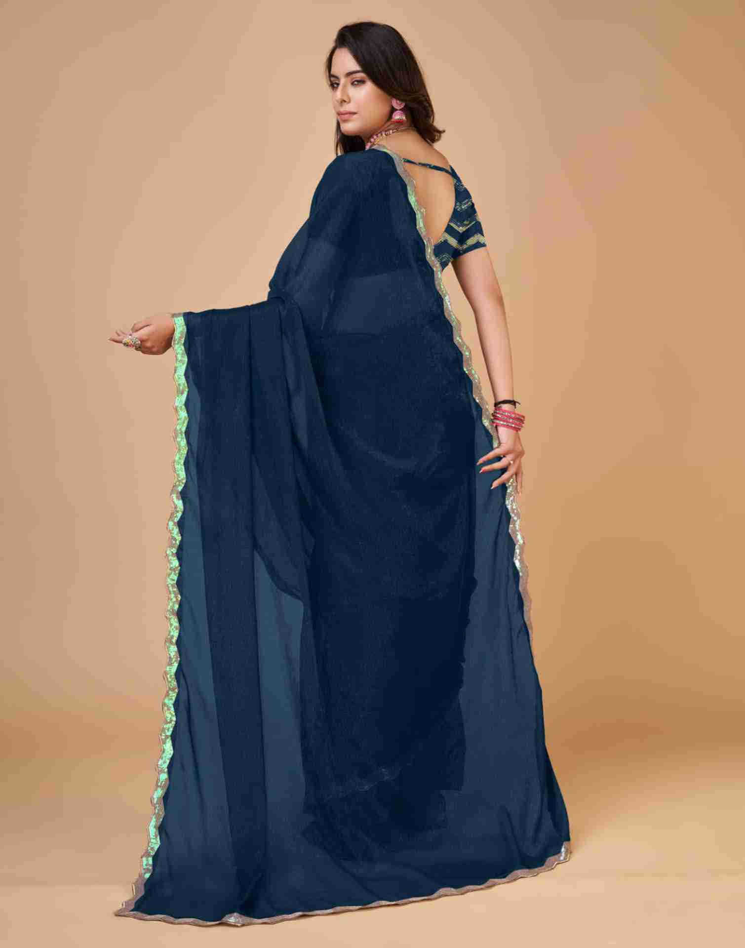 Dark Rama Blue Chiffon Sequience Plain Saree