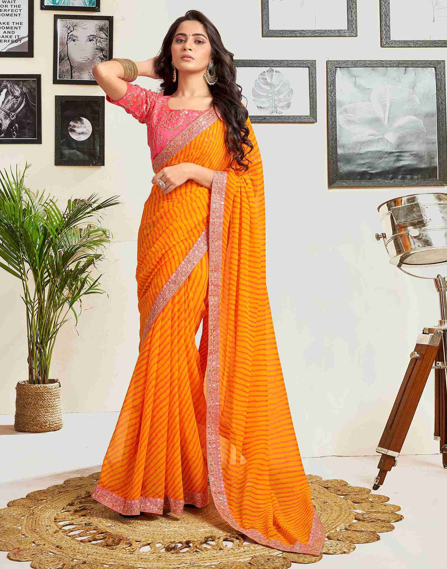 Yellow Georgette Printed Saree