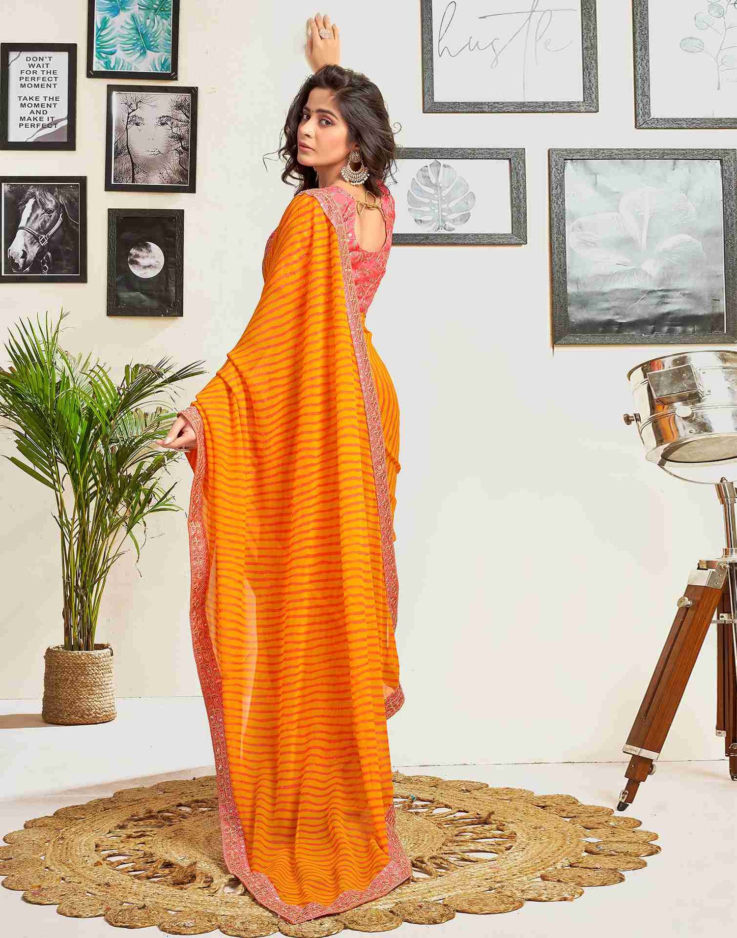 Yellow Georgette Printed Saree