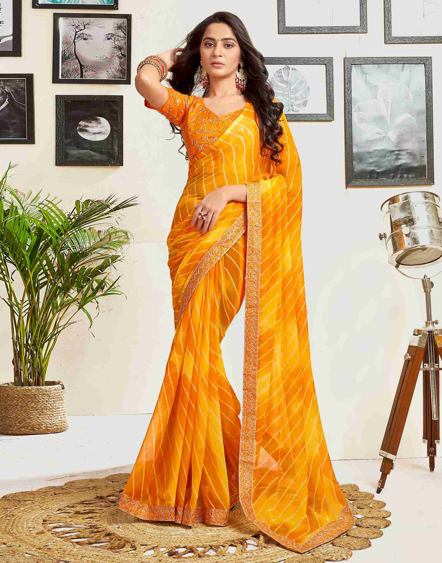 Yellow Georgette Printed Saree