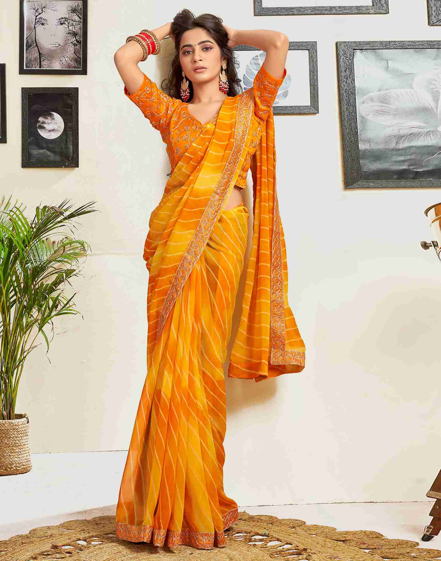 Yellow Georgette Printed Saree