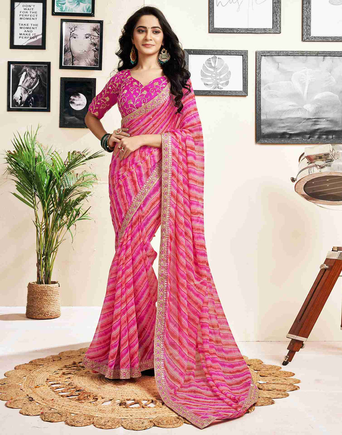 Rose Pink Georgette Printed Saree