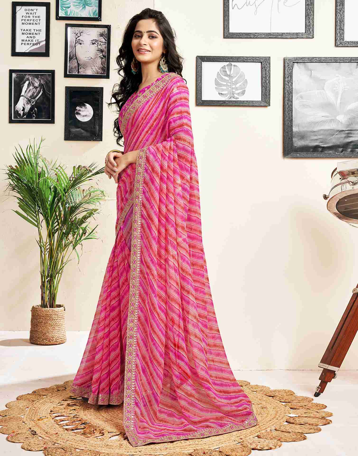 Rose Pink Georgette Printed Saree