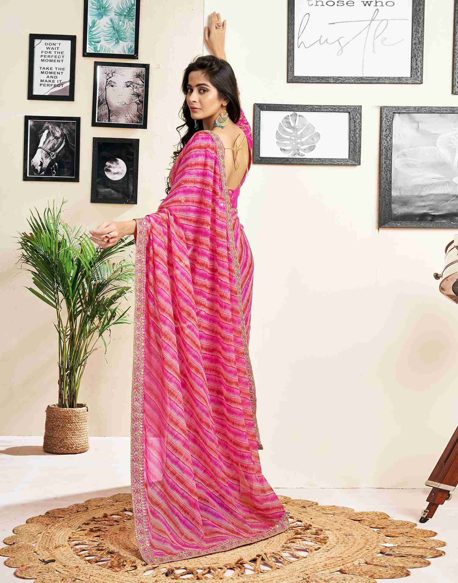 Rose Pink Georgette Printed Saree