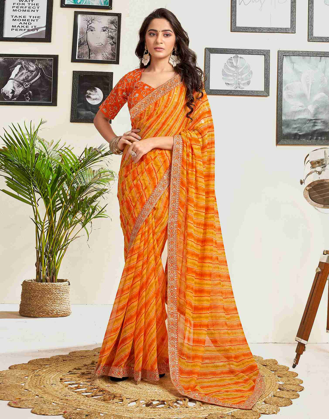 Orange Georgette Printed Saree