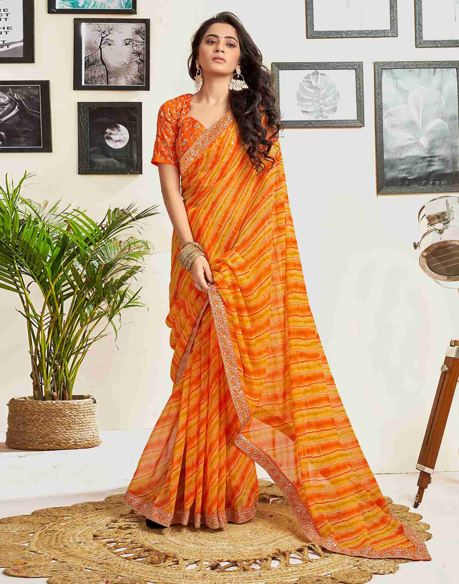 Orange Georgette Printed Saree