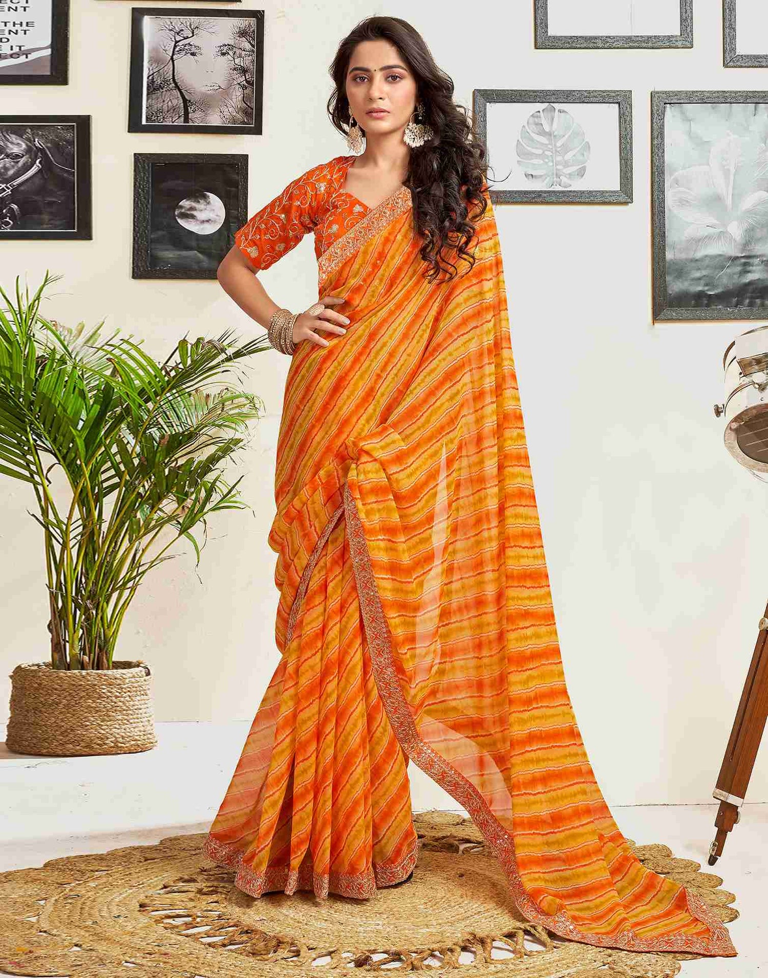 Orange Georgette Printed Saree