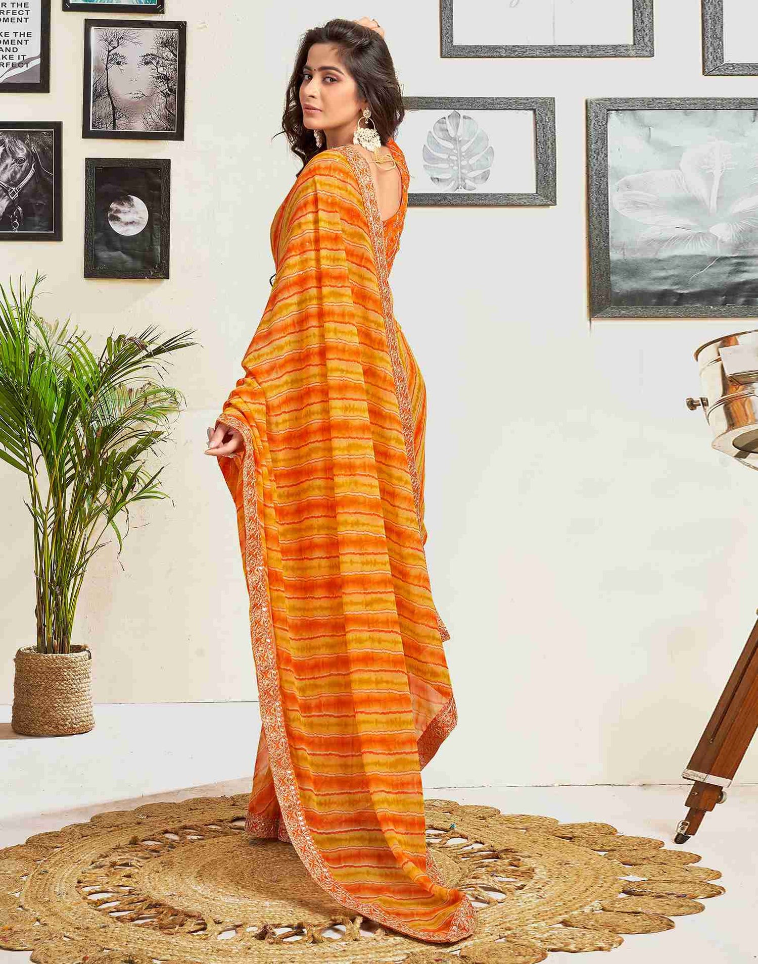 Orange Georgette Printed Saree