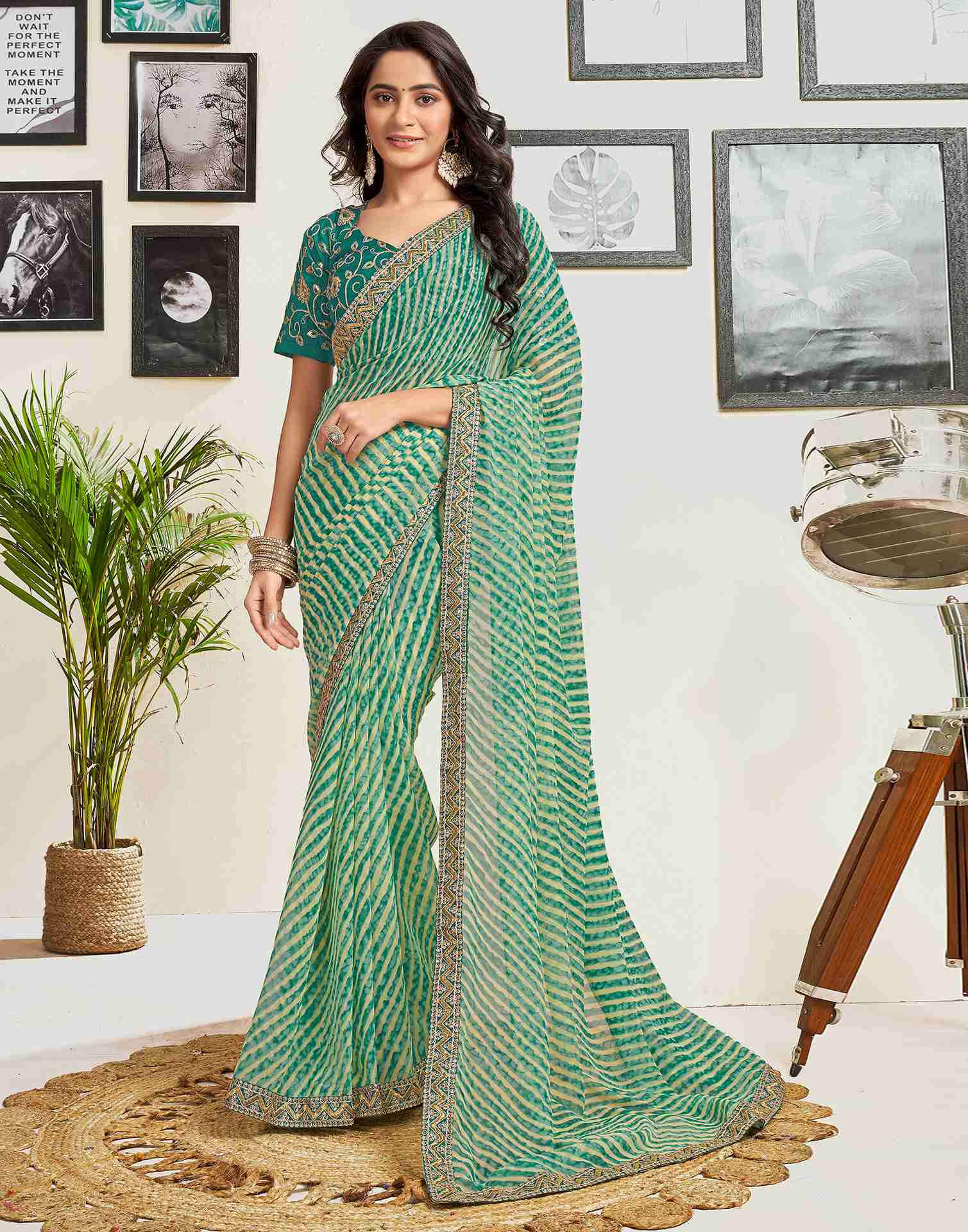 Teal Green Georgette Printed Saree