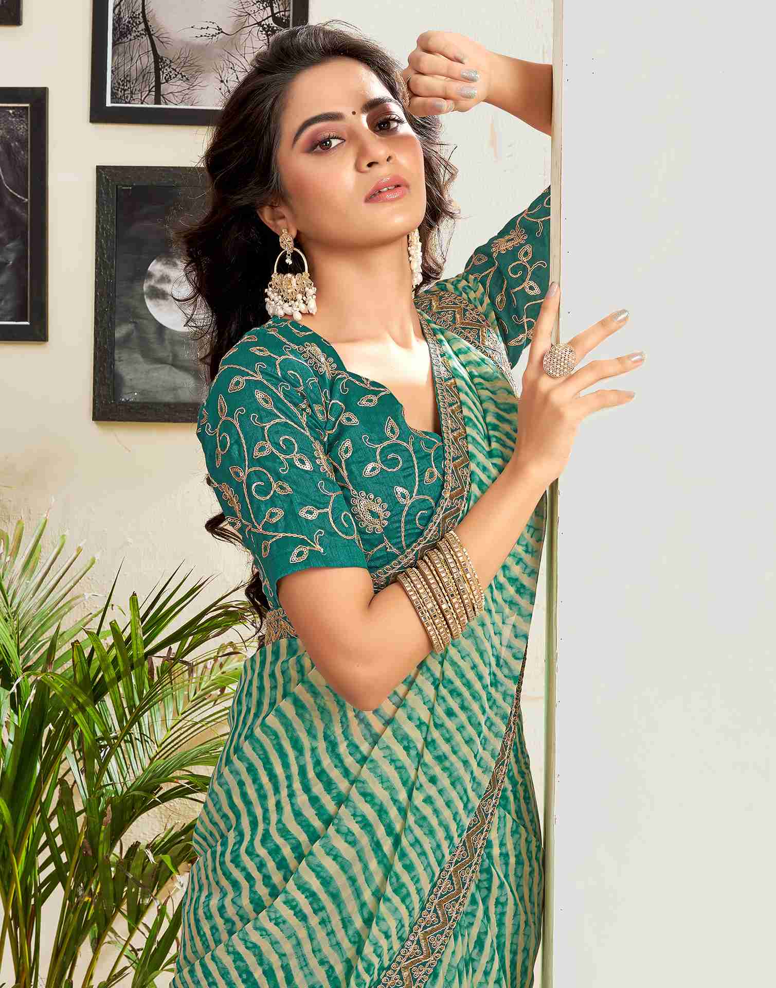 Teal Green Georgette Printed Saree