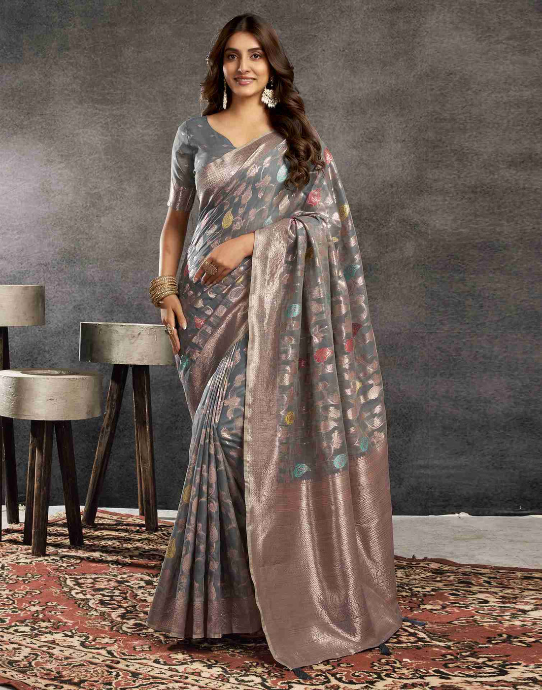 B1G1 Grey Silk Woven Jacquard Saree