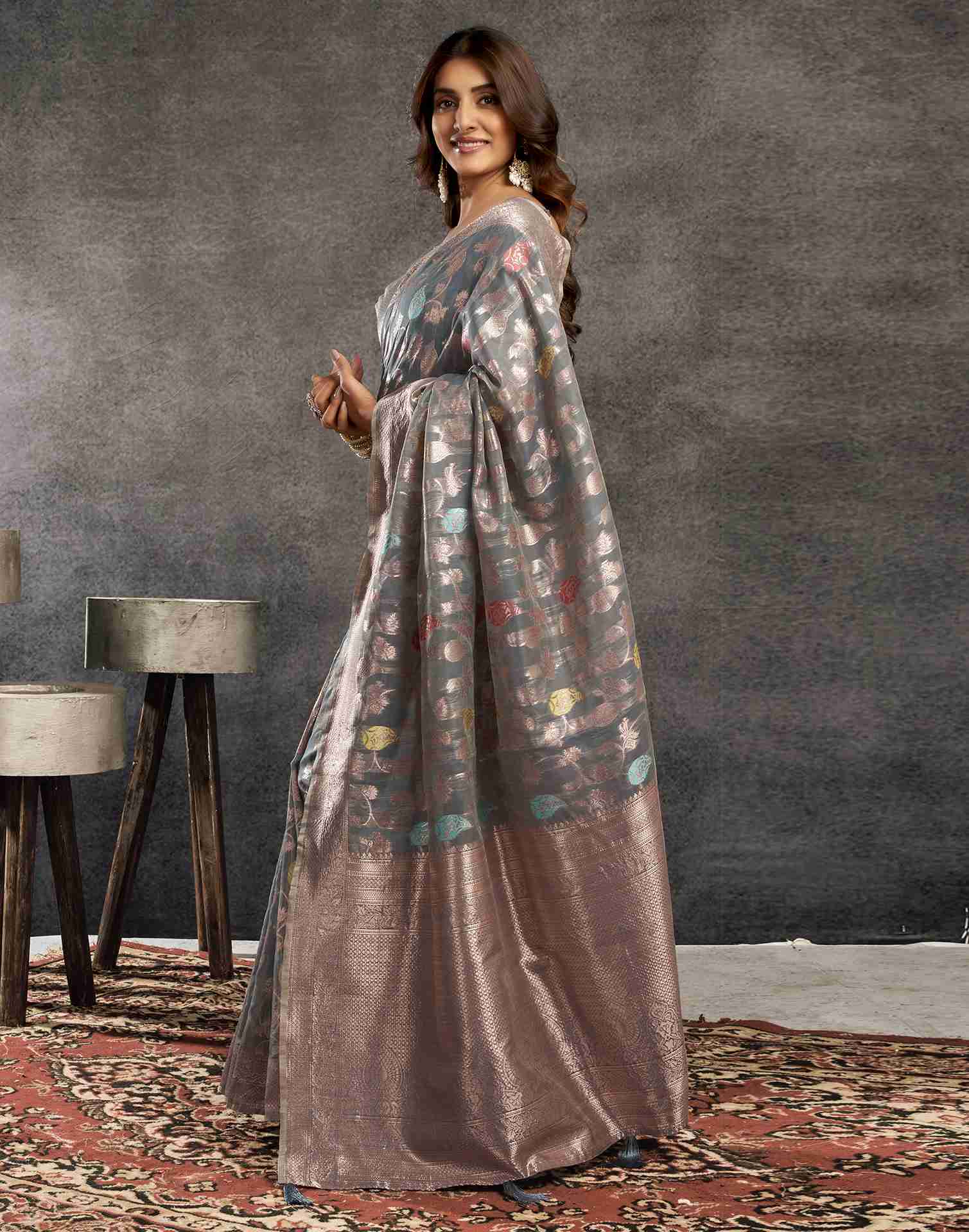 B1G1 Grey Silk Woven Jacquard Saree