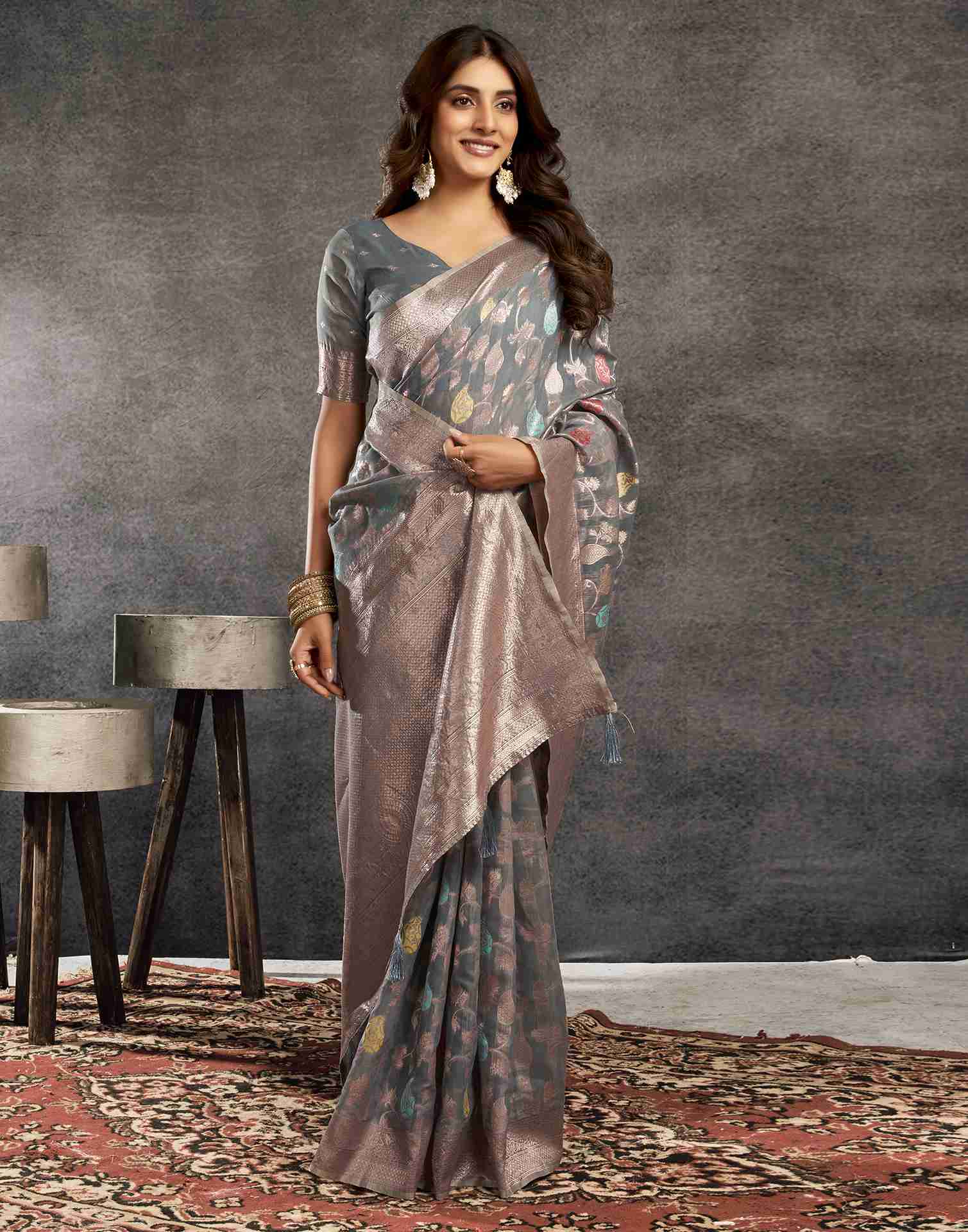 B1G1 Grey Silk Woven Jacquard Saree