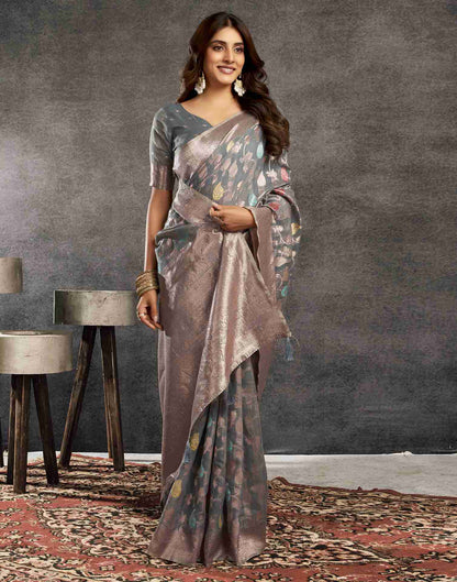 B1G1 Grey Silk Woven Jacquard Saree