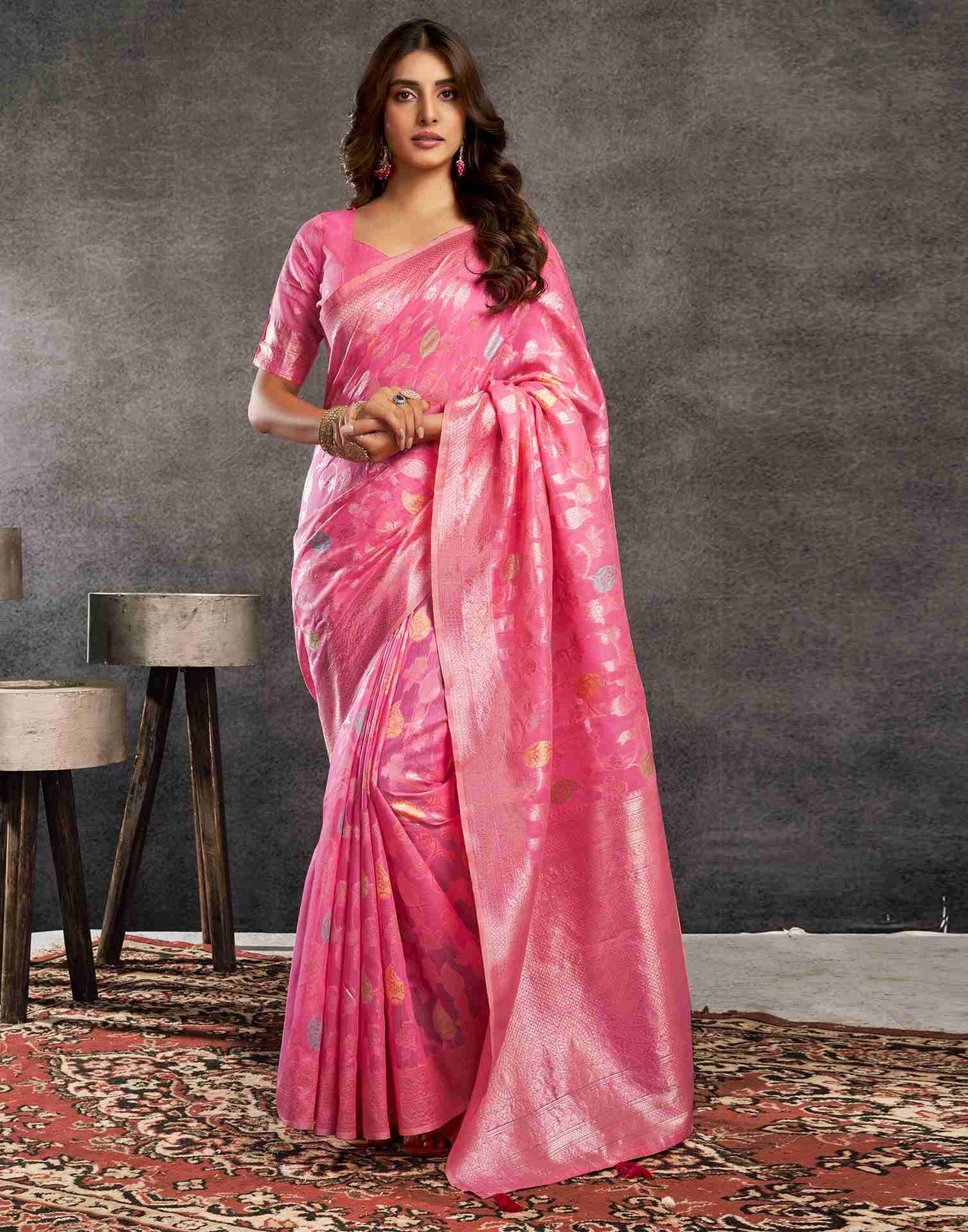 B1G1 Pink Silk Woven Jacquard Saree