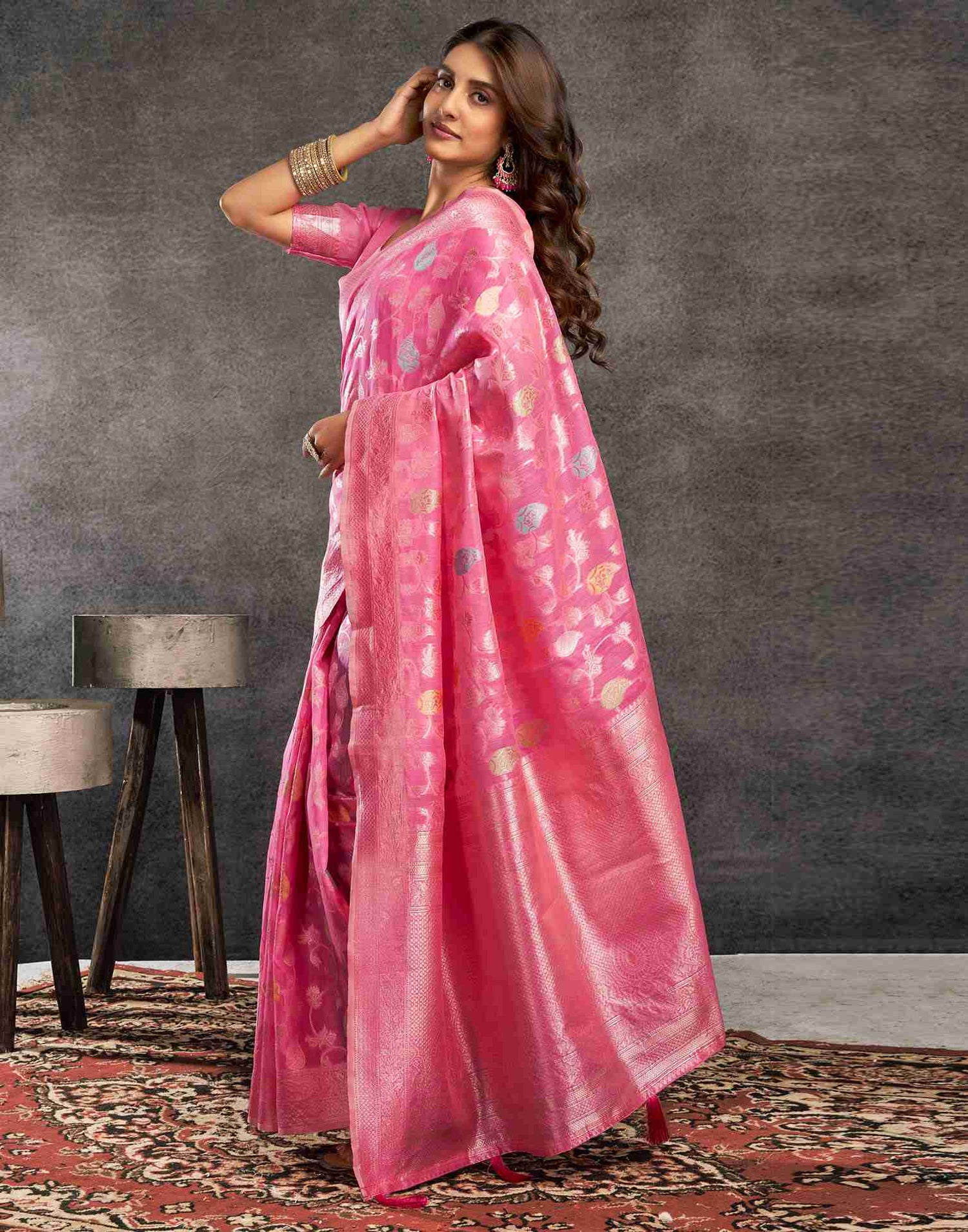 B1G1 Pink Silk Woven Jacquard Saree