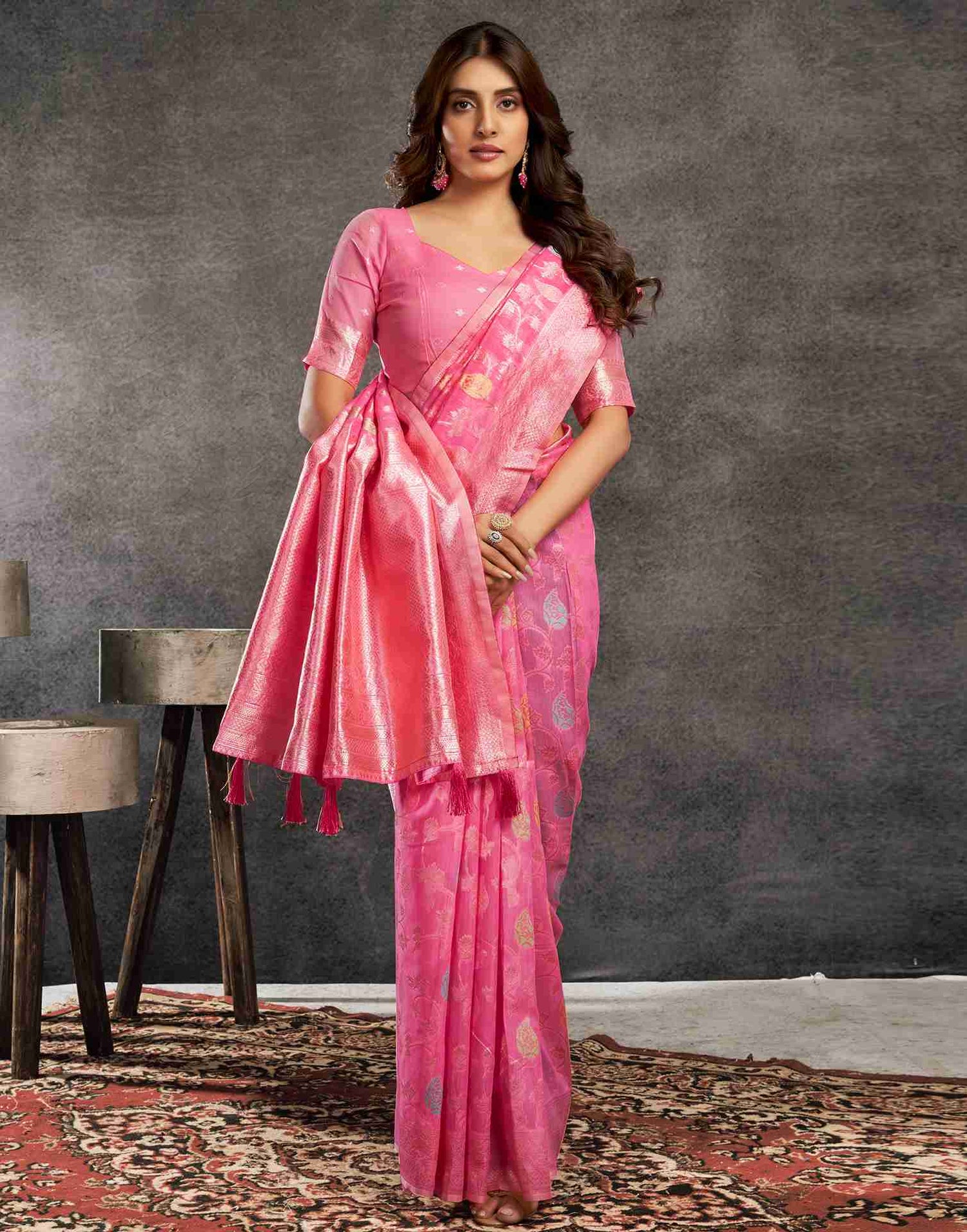 B1G1 Pink Silk Woven Jacquard Saree