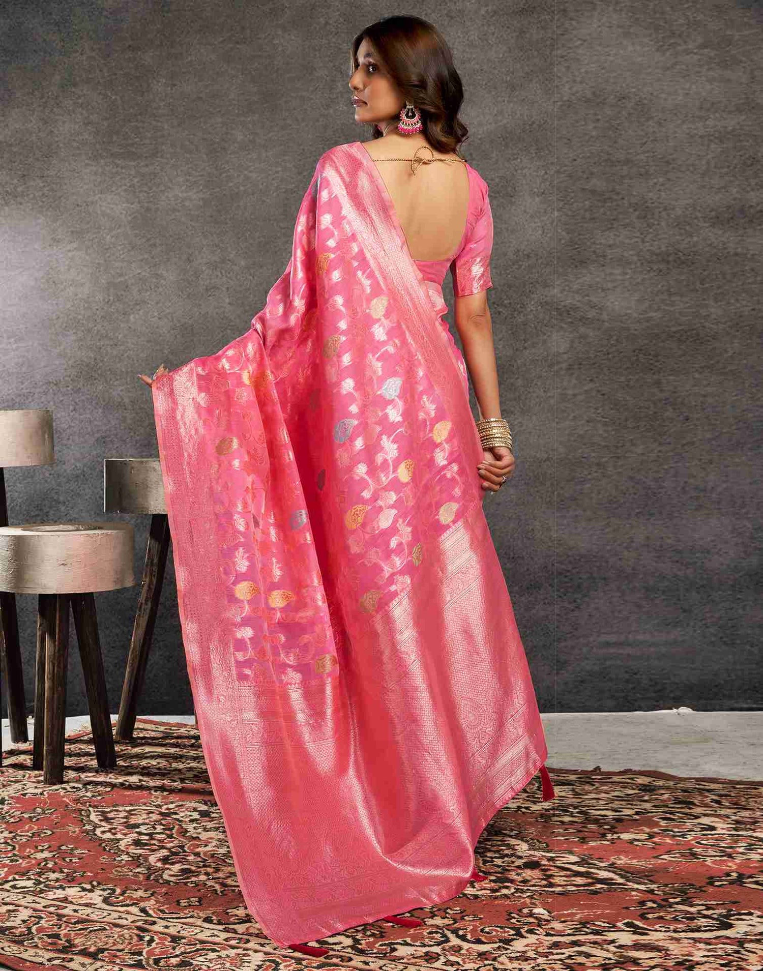 B1G1 Pink Silk Woven Jacquard Saree