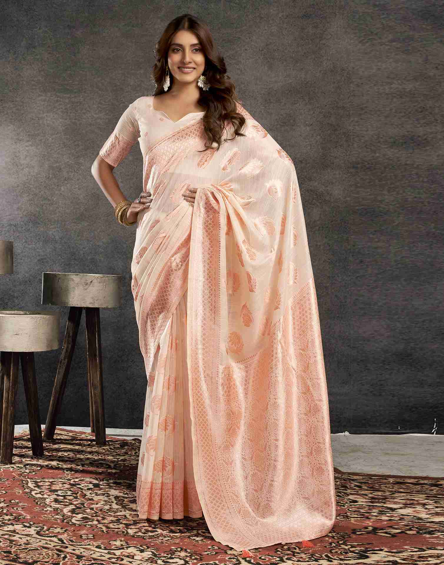 Cream Silk Woven Jacquard Saree