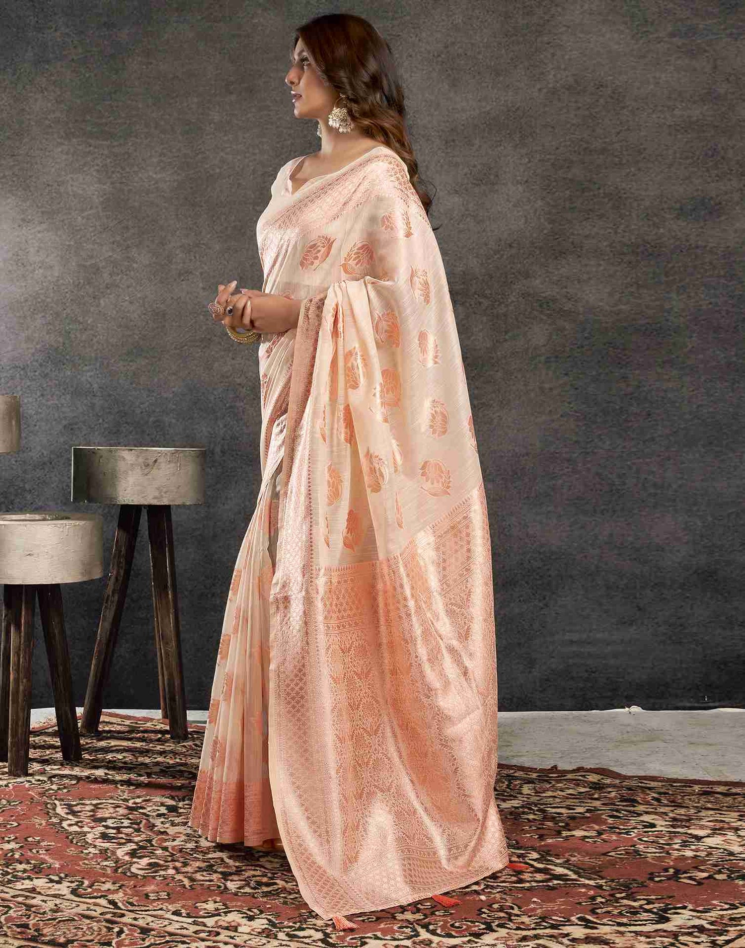 Cream Silk Woven Jacquard Saree