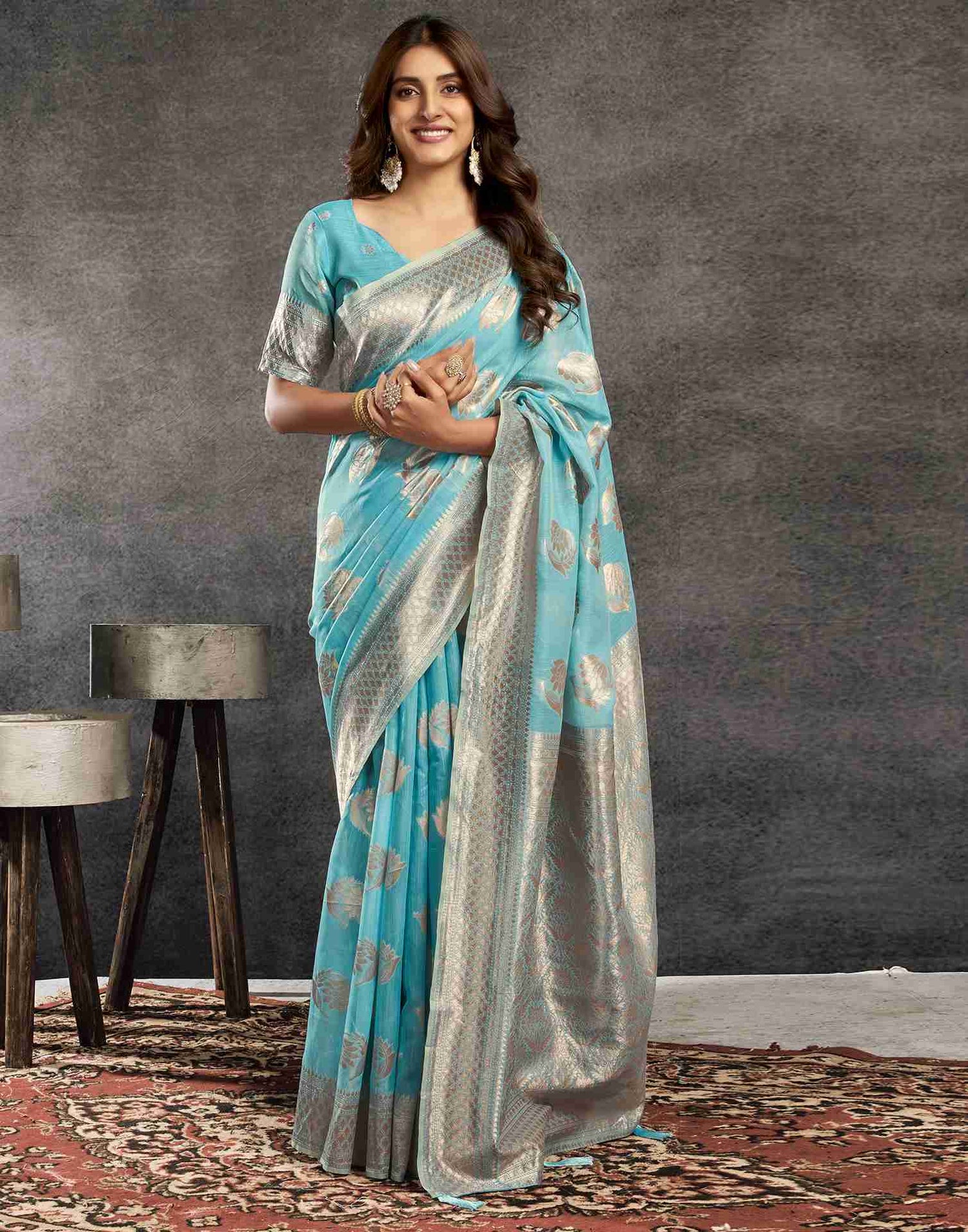 B1G1 Blue Silk Woven Jacquard Saree