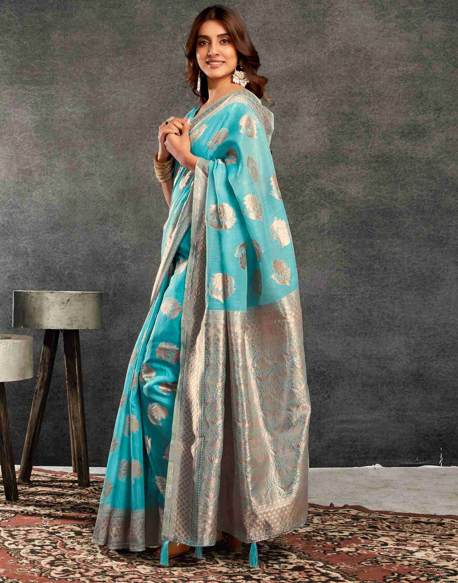 B1G1 Blue Silk Woven Jacquard Saree