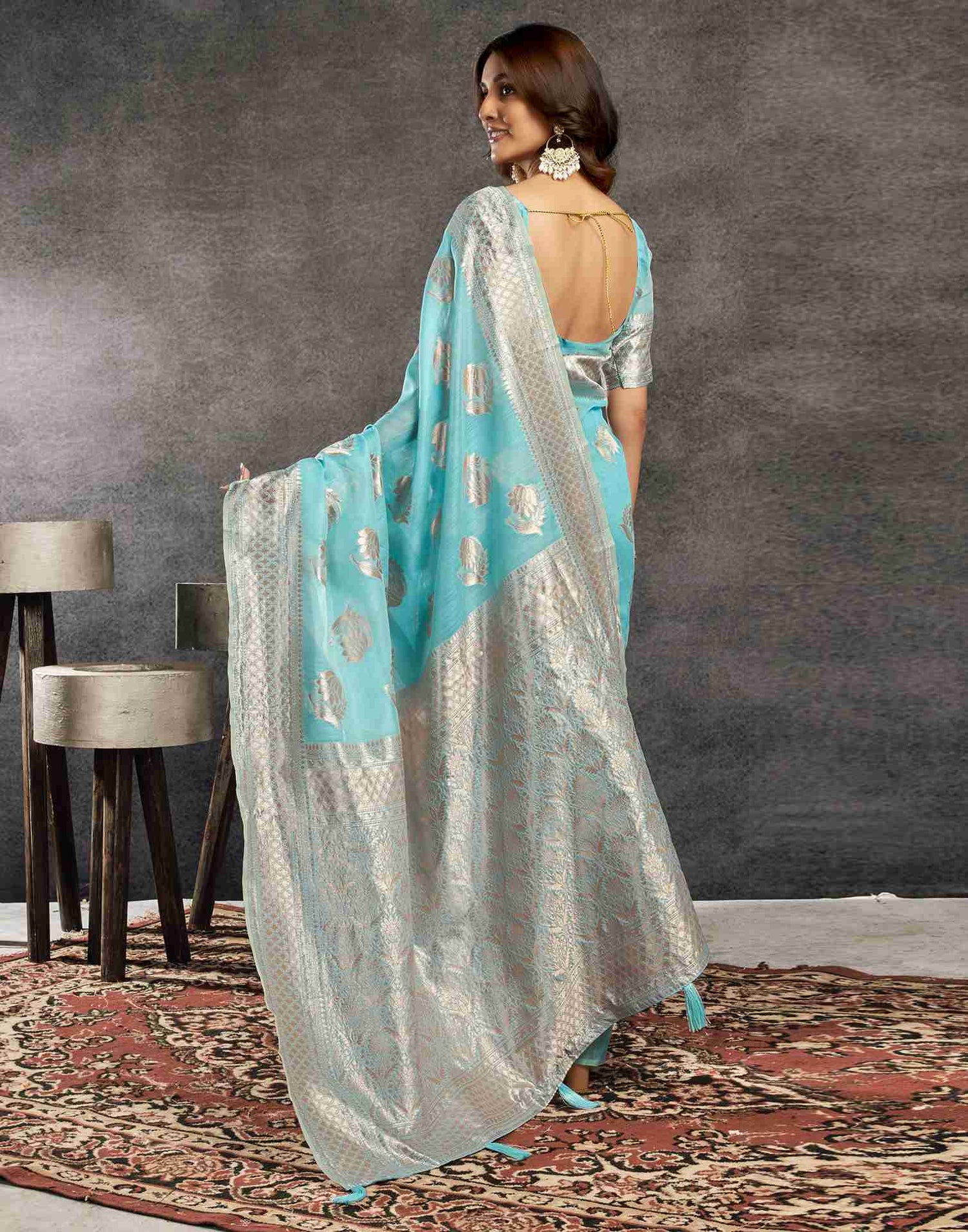 B1G1 Blue Silk Woven Jacquard Saree