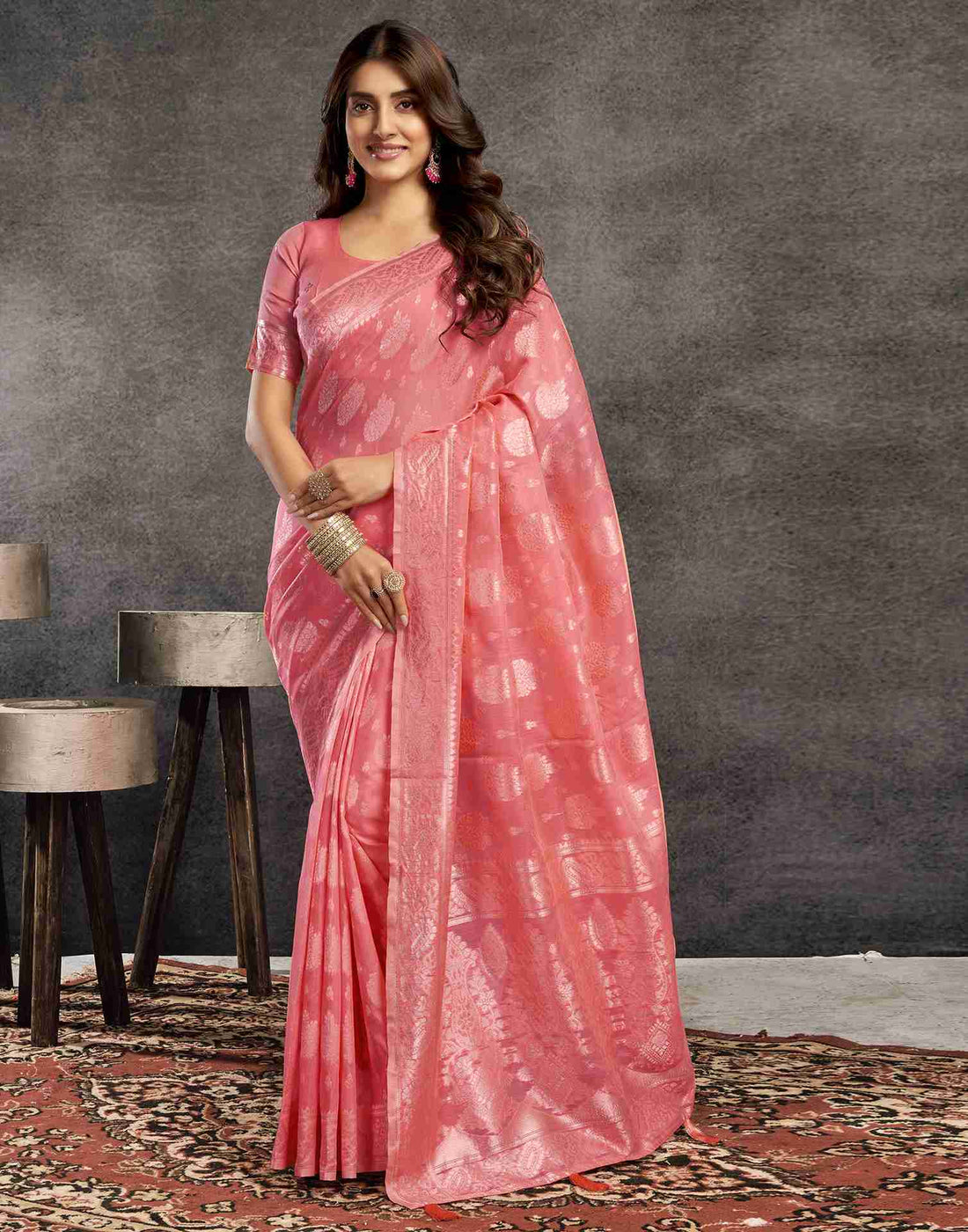 B1G1 Punch Pink Silk Woven Jacquard Saree