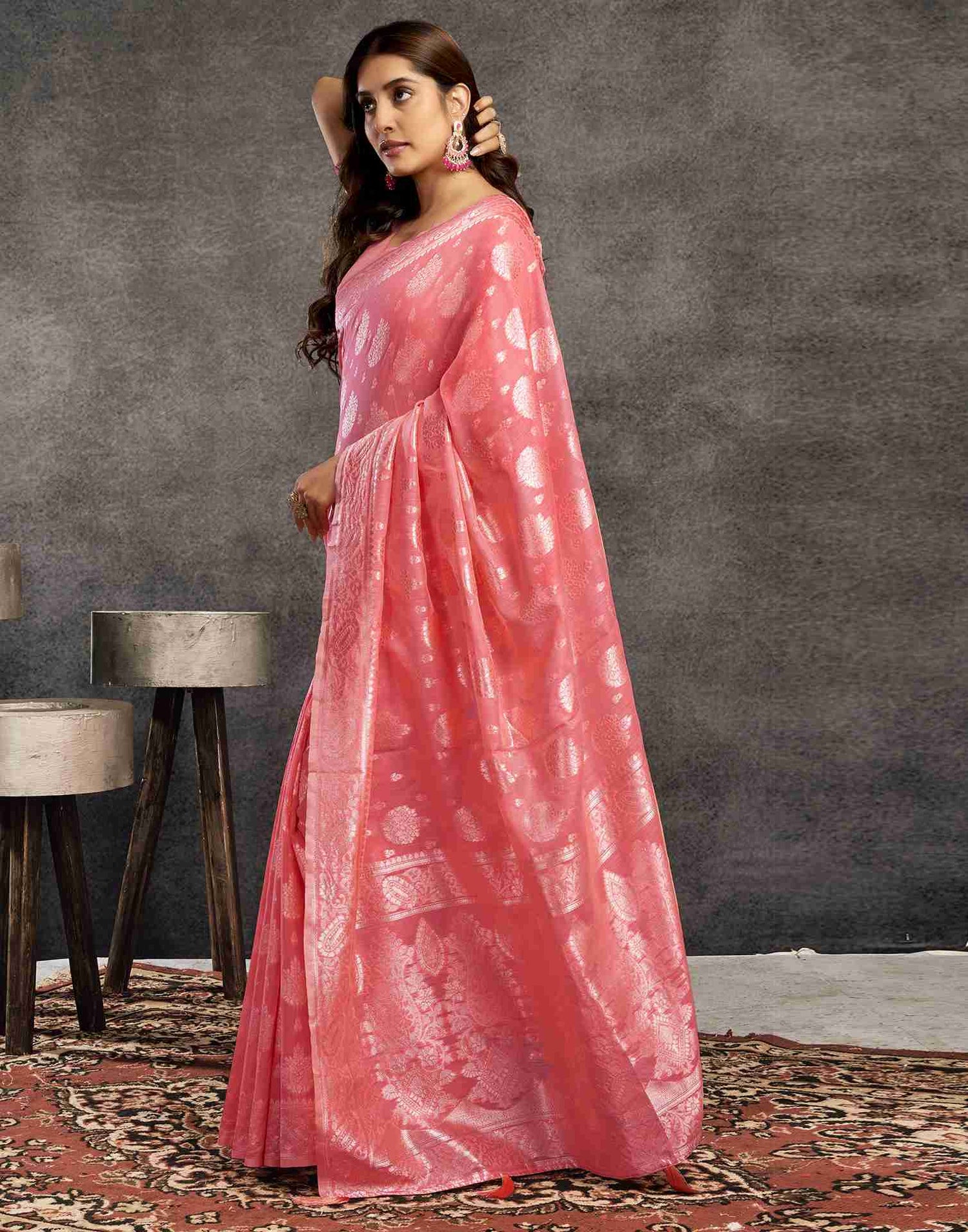 B1G1 Punch Pink Silk Woven Jacquard Saree