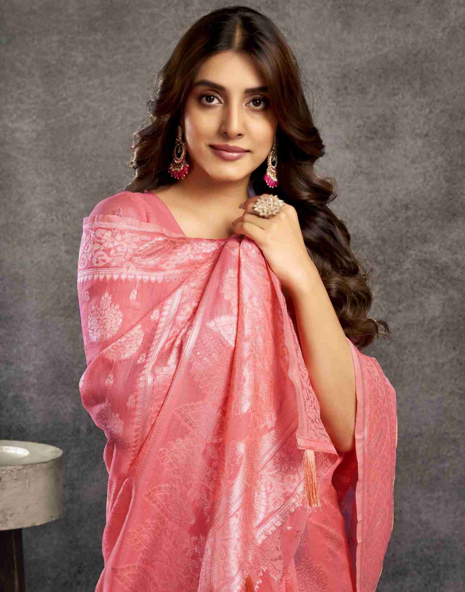 B1G1 Punch Pink Silk Woven Jacquard Saree