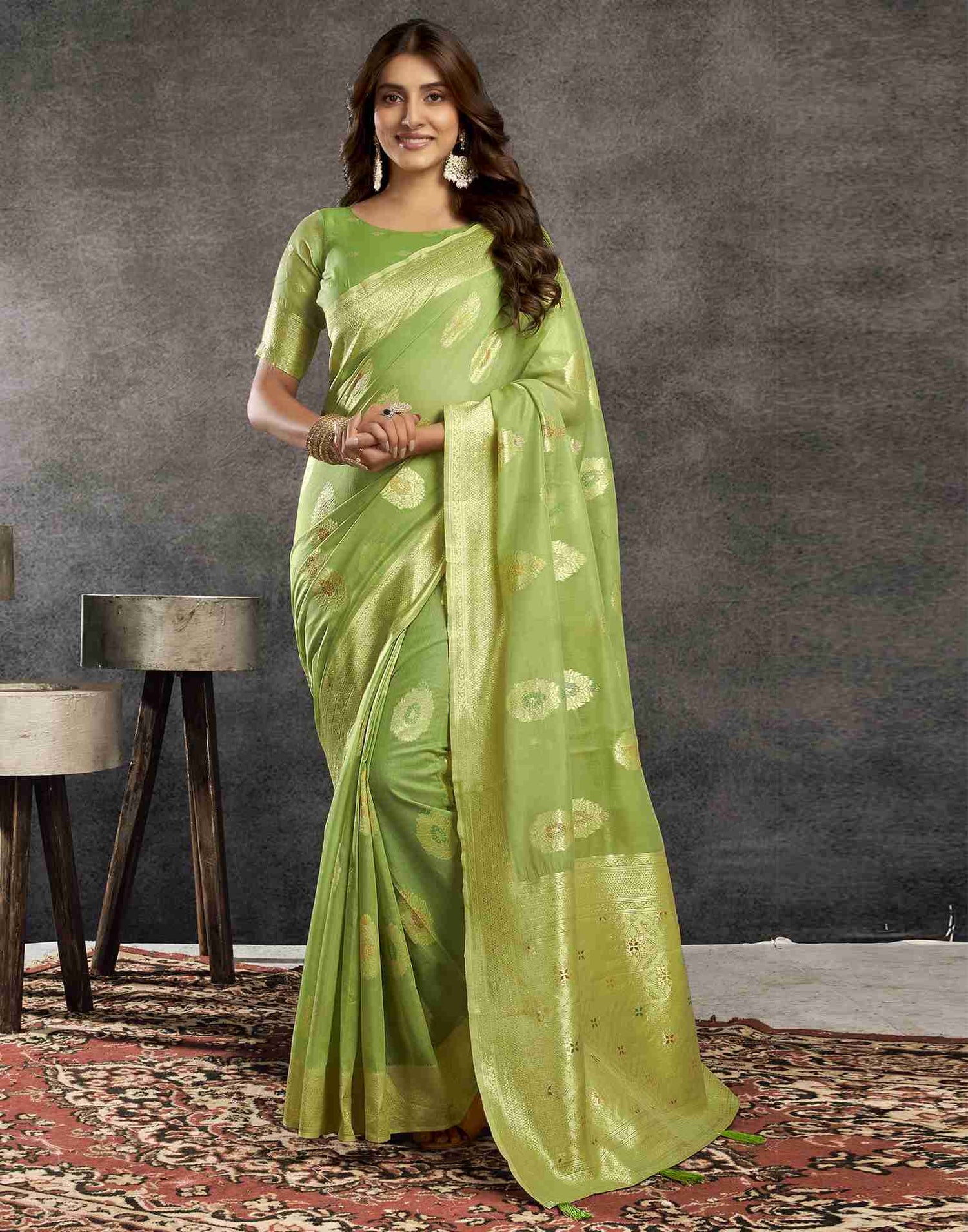 B1G1 Pista Green Silk Woven Jacquard Saree