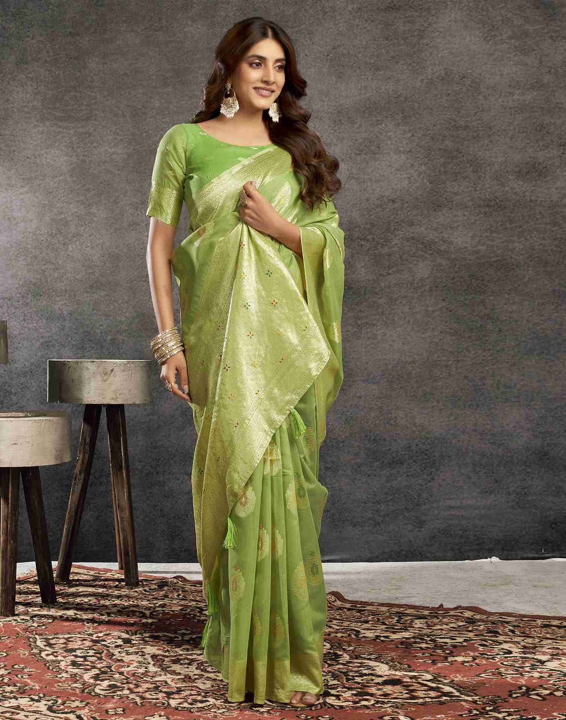 Pista Green Silk Woven Saree