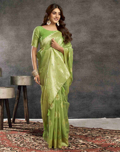 B1G1 Pista Green Silk Woven Jacquard Saree