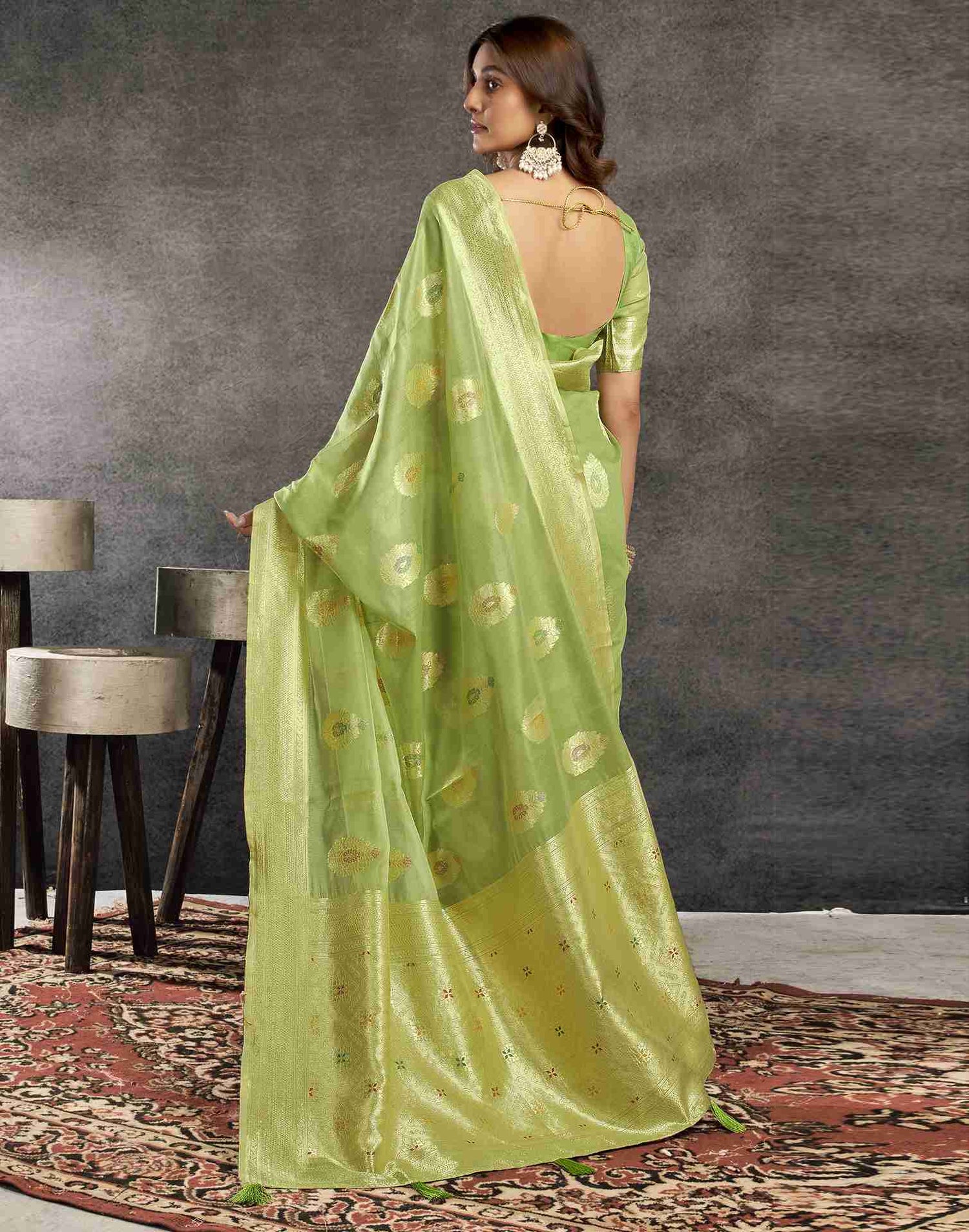 B1G1 Pista Green Silk Woven Jacquard Saree