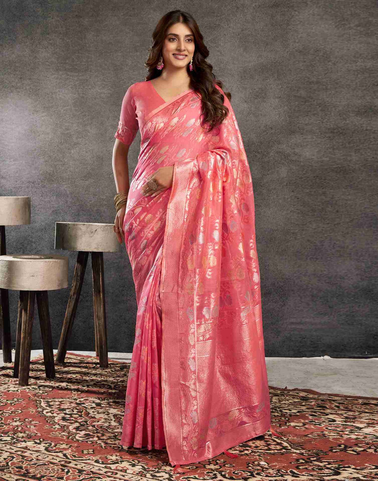 B1G1 Punch Pink Silk Woven Jacquard Saree