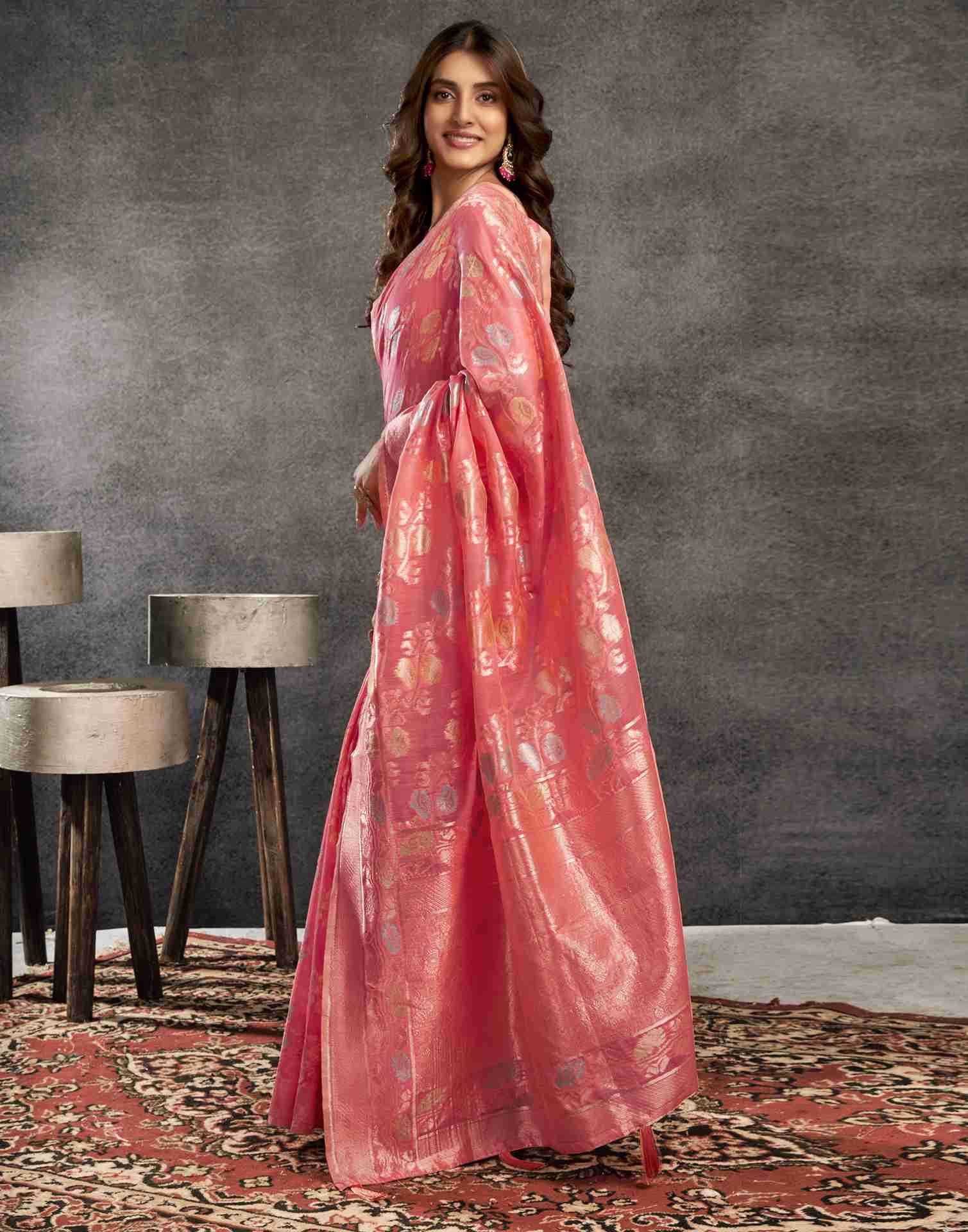 B1G1 Punch Pink Silk Woven Jacquard Saree