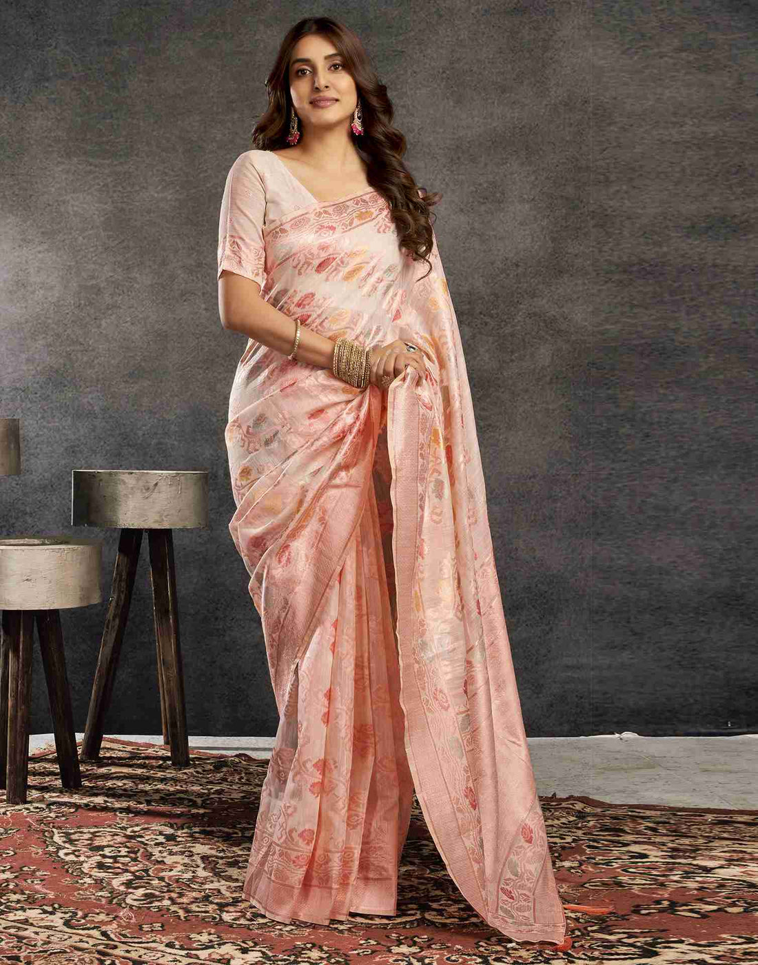 Cream Silk Woven Saree