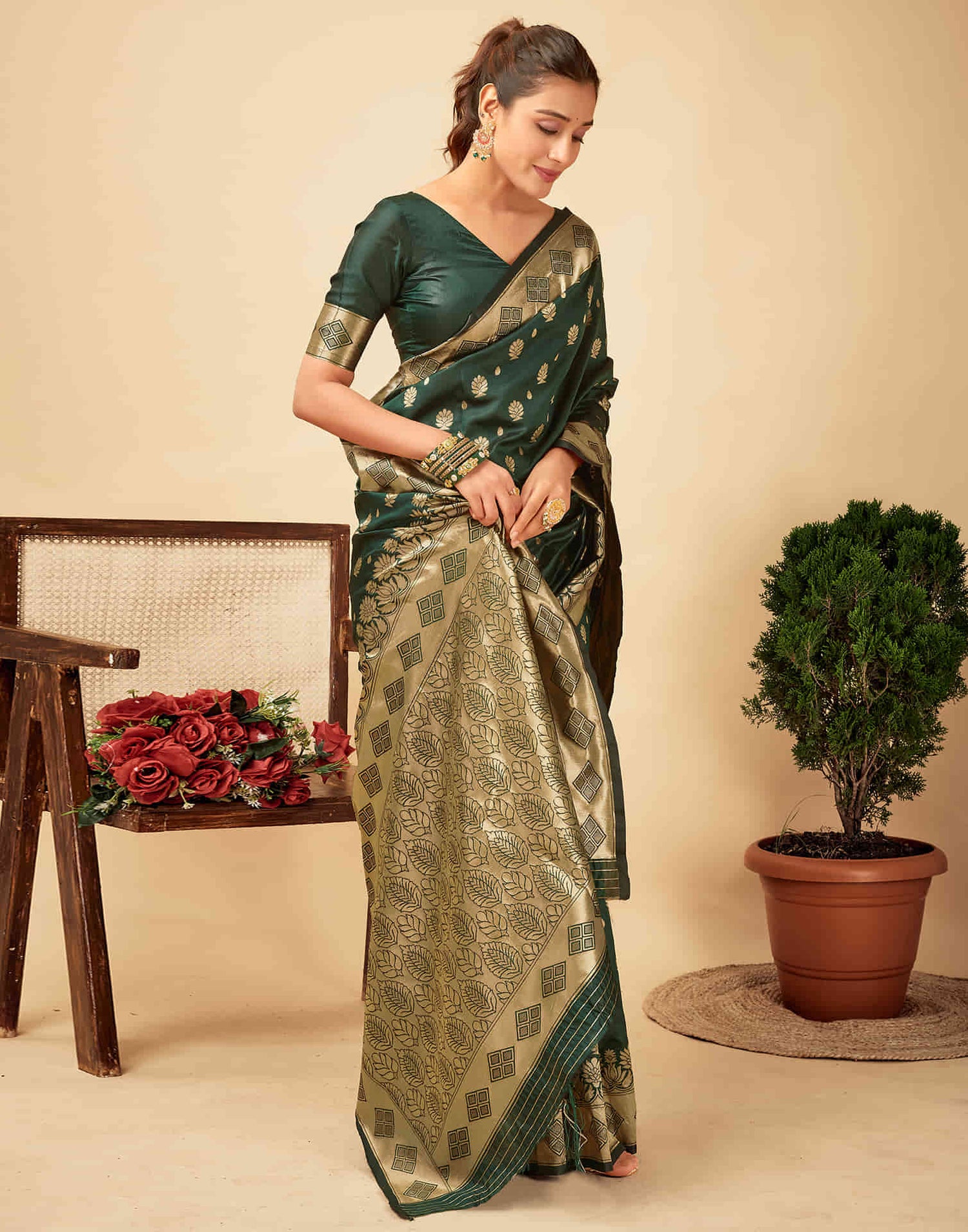 Dark Green Silk Woven Banarasi Saree