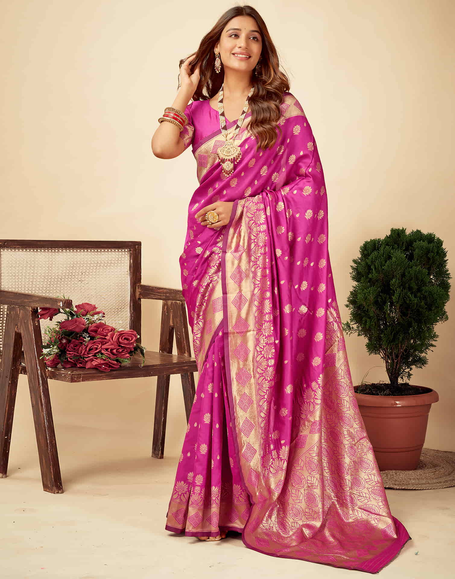 Magenta Woven Banarasi Silk Saree