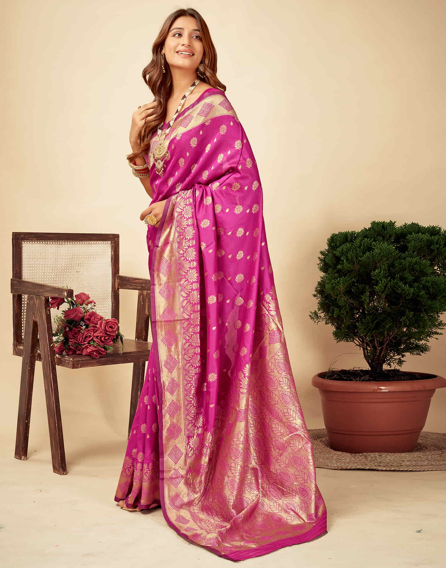 Magenta Woven Banarasi Silk Saree