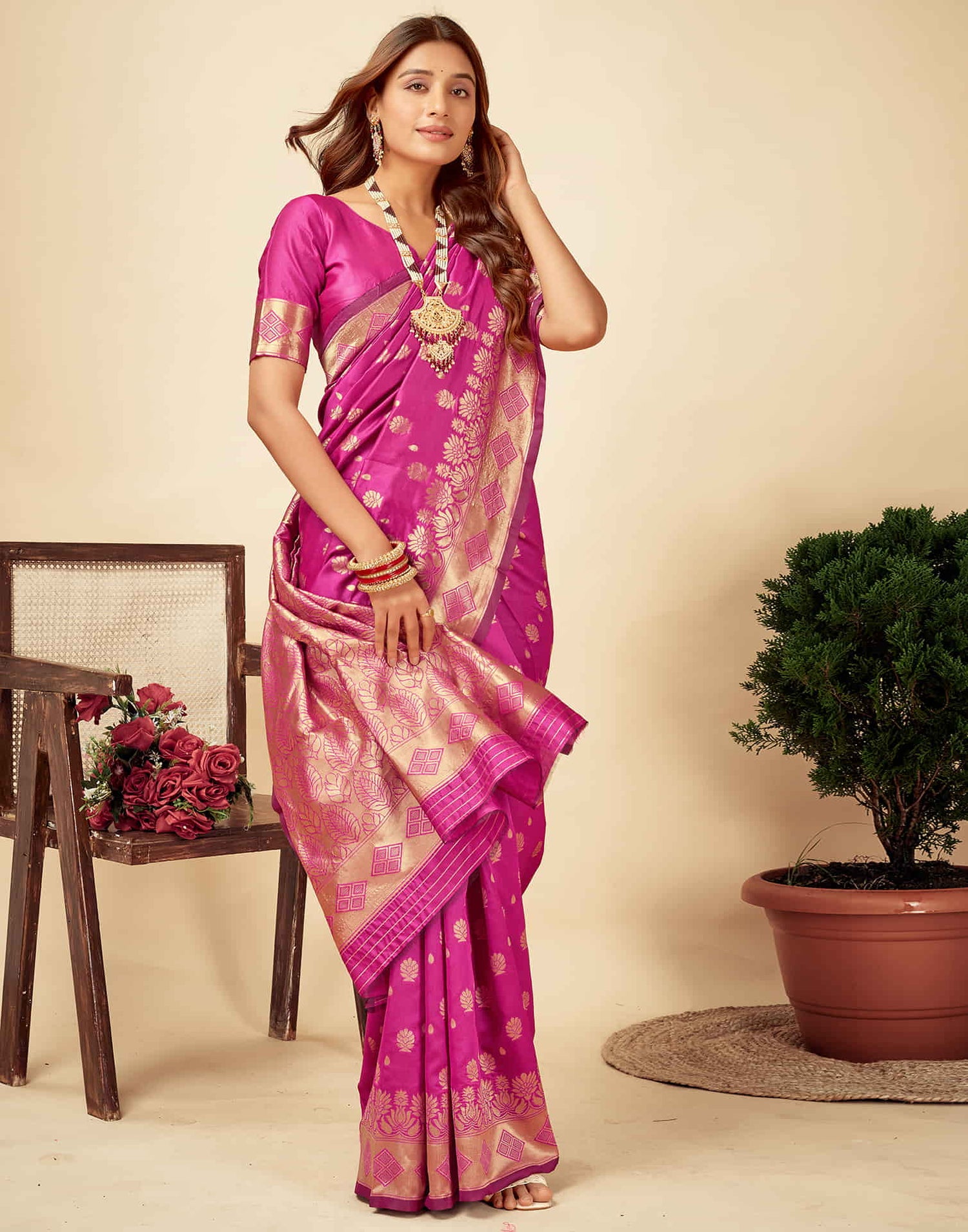 Magenta Woven Banarasi Silk Saree