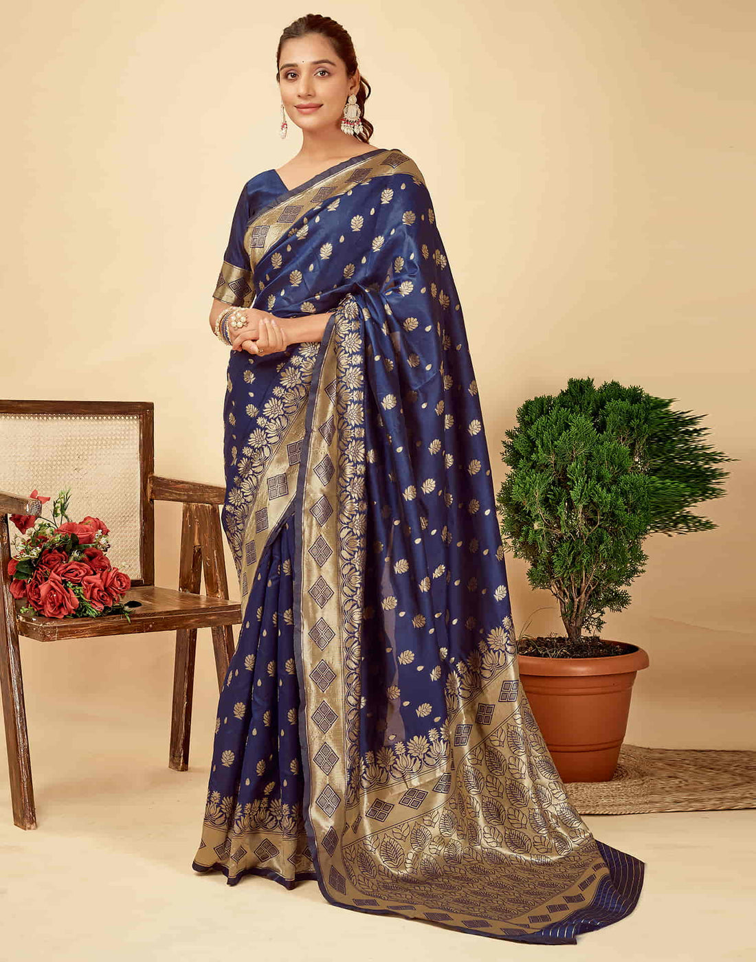 Navy Blue Silk Woven Banarasi Saree