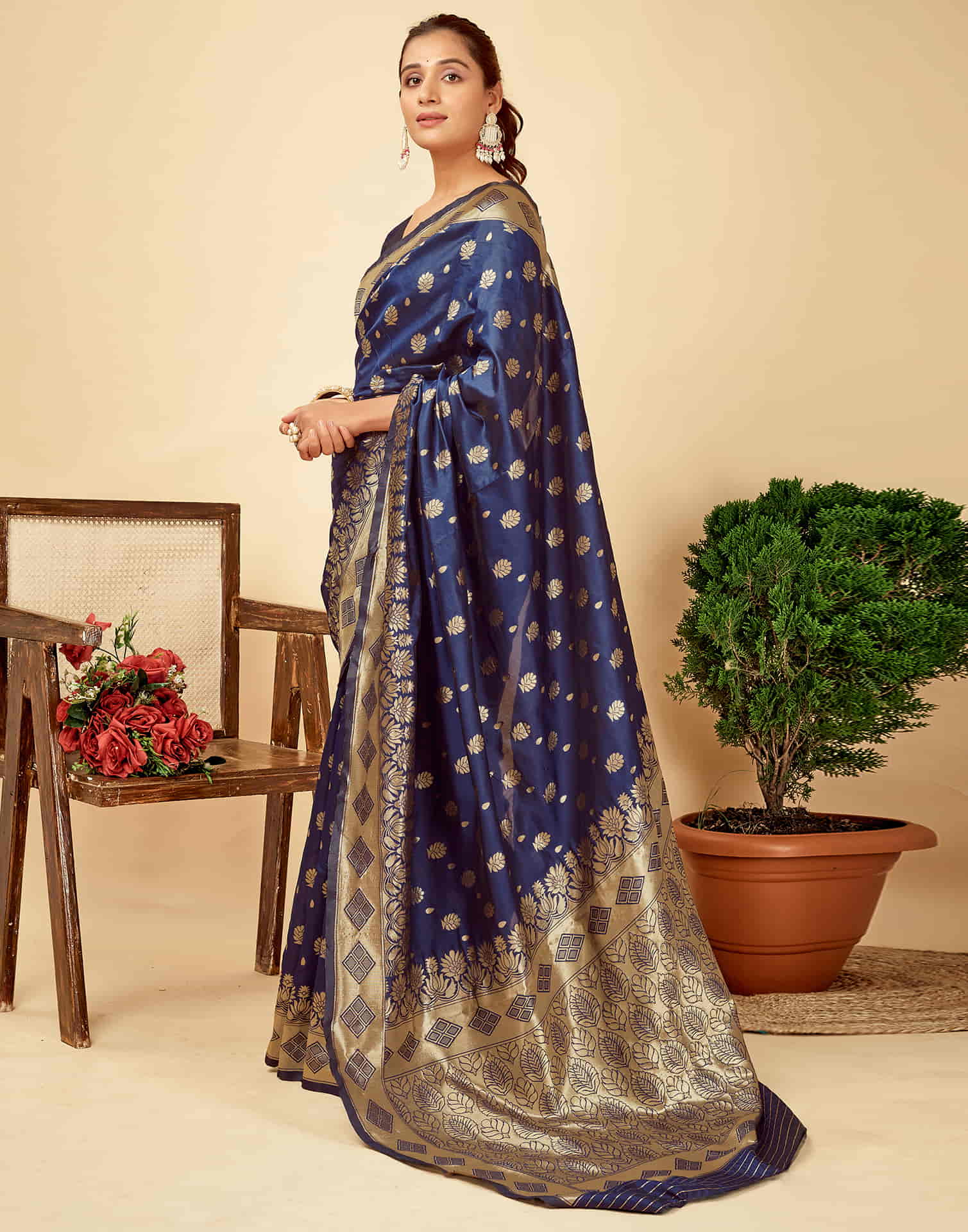 Navy Blue Silk Woven Banarasi Saree