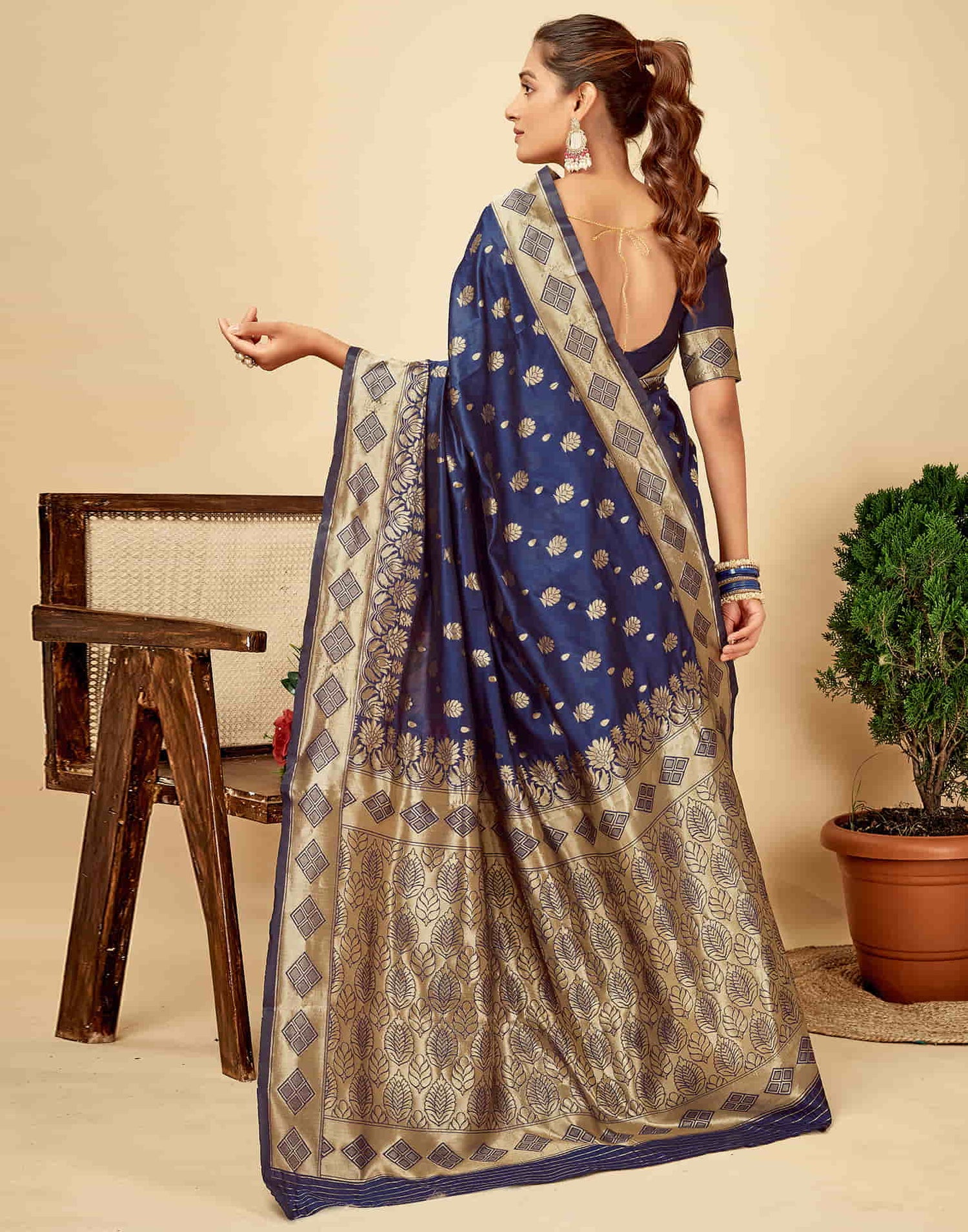 Navy Blue Silk Woven Banarasi Saree