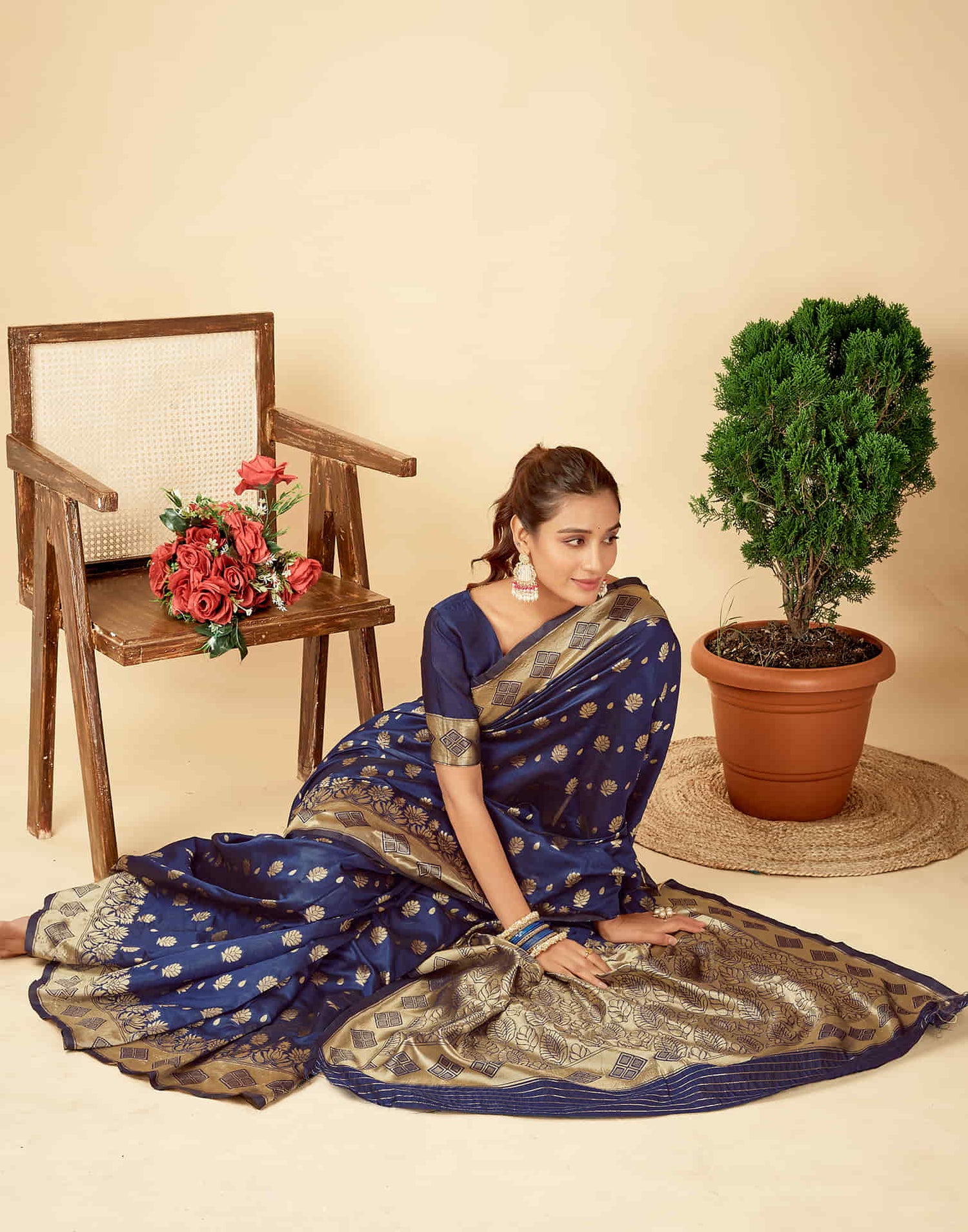 Navy Blue Silk Woven Banarasi Saree