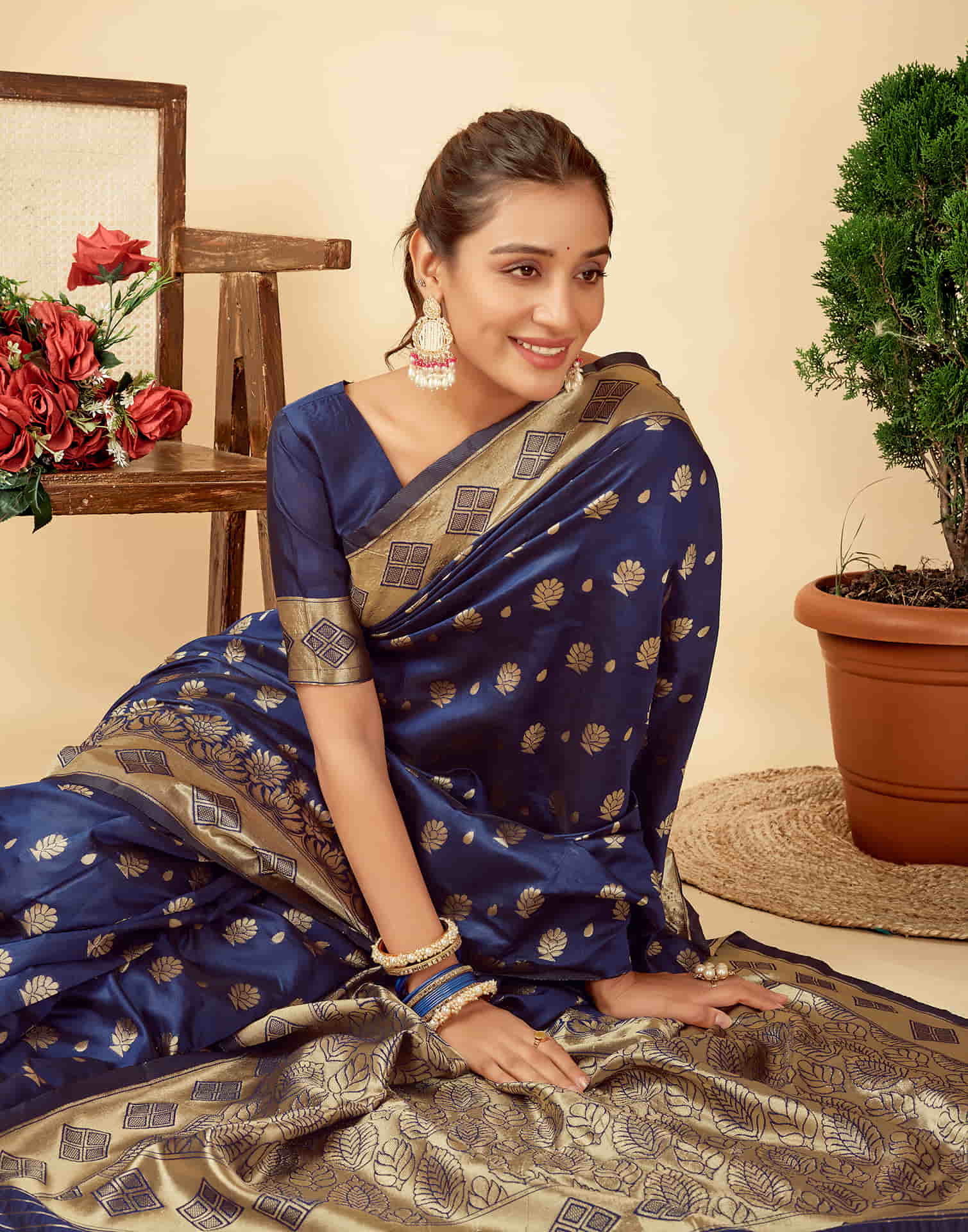 Navy Blue Silk Woven Banarasi Saree